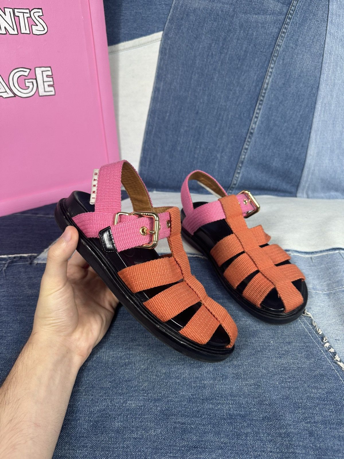 Marni Marni Orange & Pink Fisherman Sandals Canvas Straps Leather Size US 7 / IT 37 - 7 Thumbnail