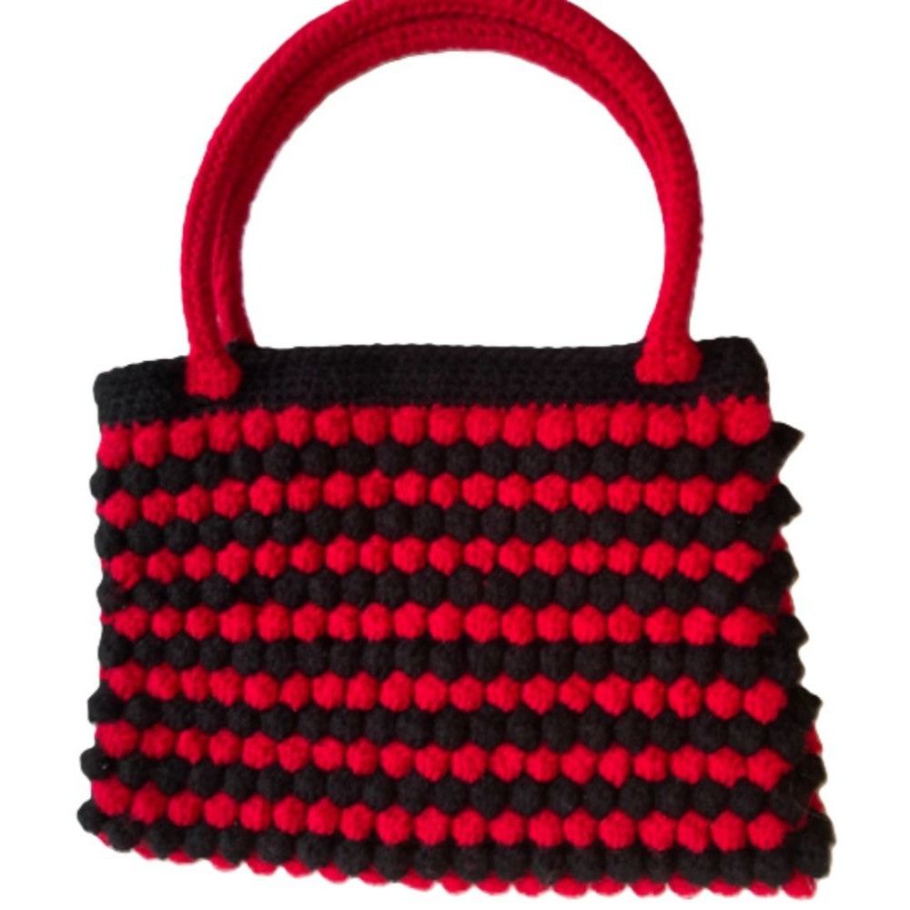 Crochet Purse Handbag Popcorn Stitch Red and Black 14 x 11