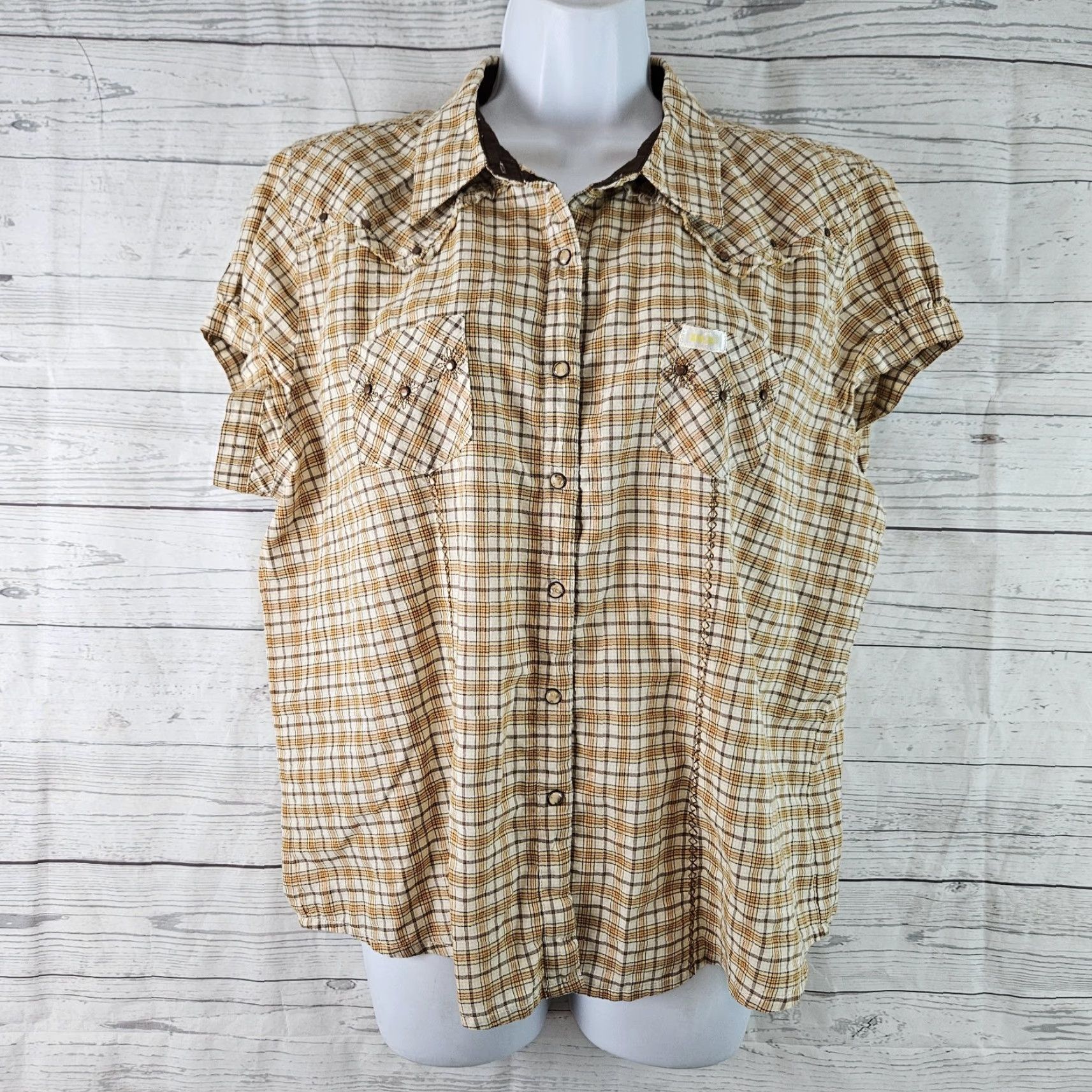 Vintage Twenty X Womens Pearl Snap Shirt XL Yellow Plaid Short Sleeve Cotton Shirt Size XL / US 12-14 / IT 48-50 - 2 Thumbnail