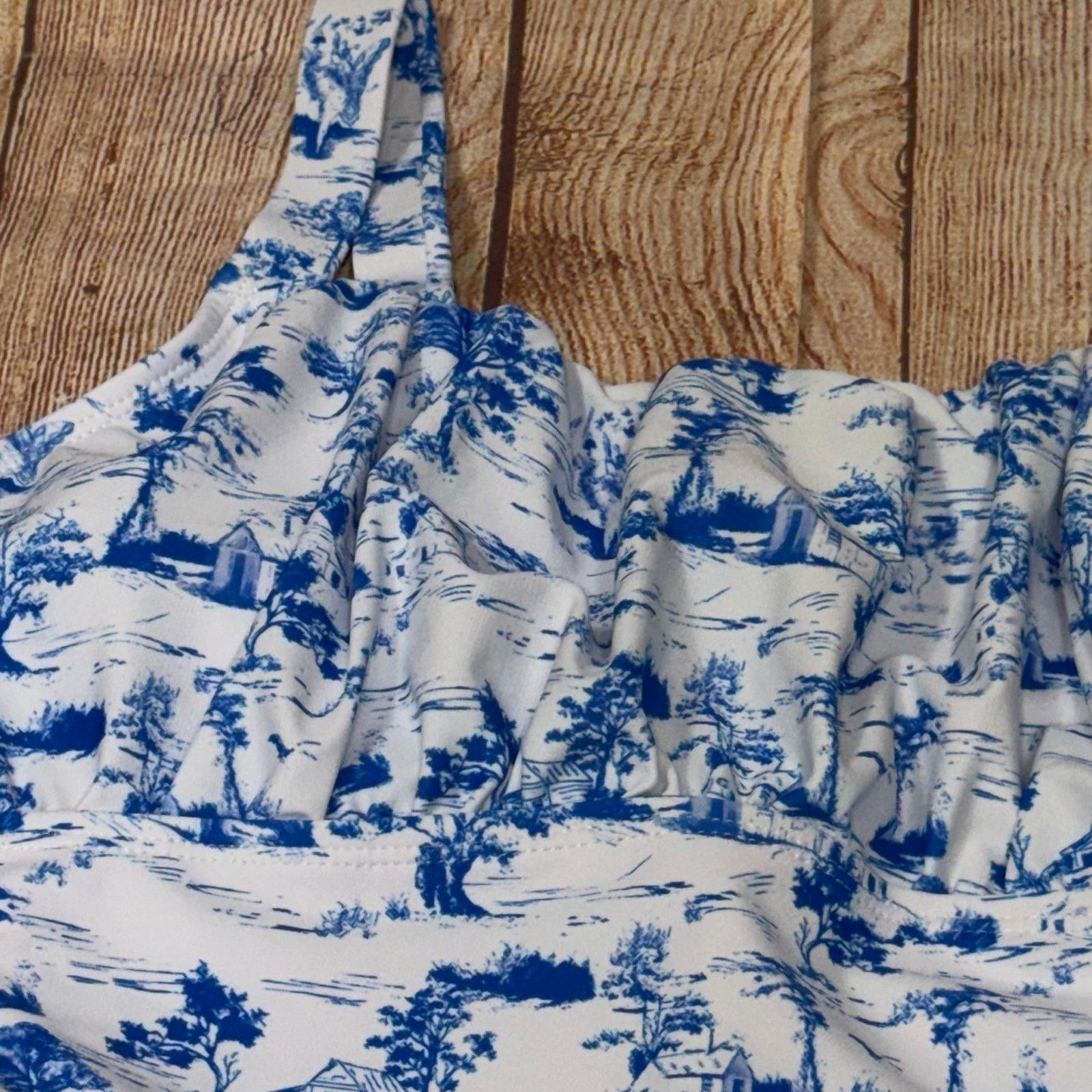 Other Blue and White Toile Print One-Piece Swimsuit, Women's Large Size ONE SIZE - 6 Thumbnail