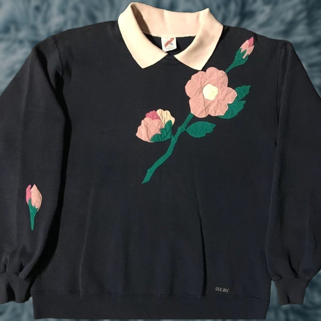 Jerzees VINTAGE Jerzees Sweatshirt Collared 80s 90s Navy Blue M USA Flowers Grunge Hip Hop Outdoor Sports Vintage 80s 90s Mens Shirt Pullover Long Sleeve USA Size US M / EU 48-50 / 2 - 1 Thumbnail