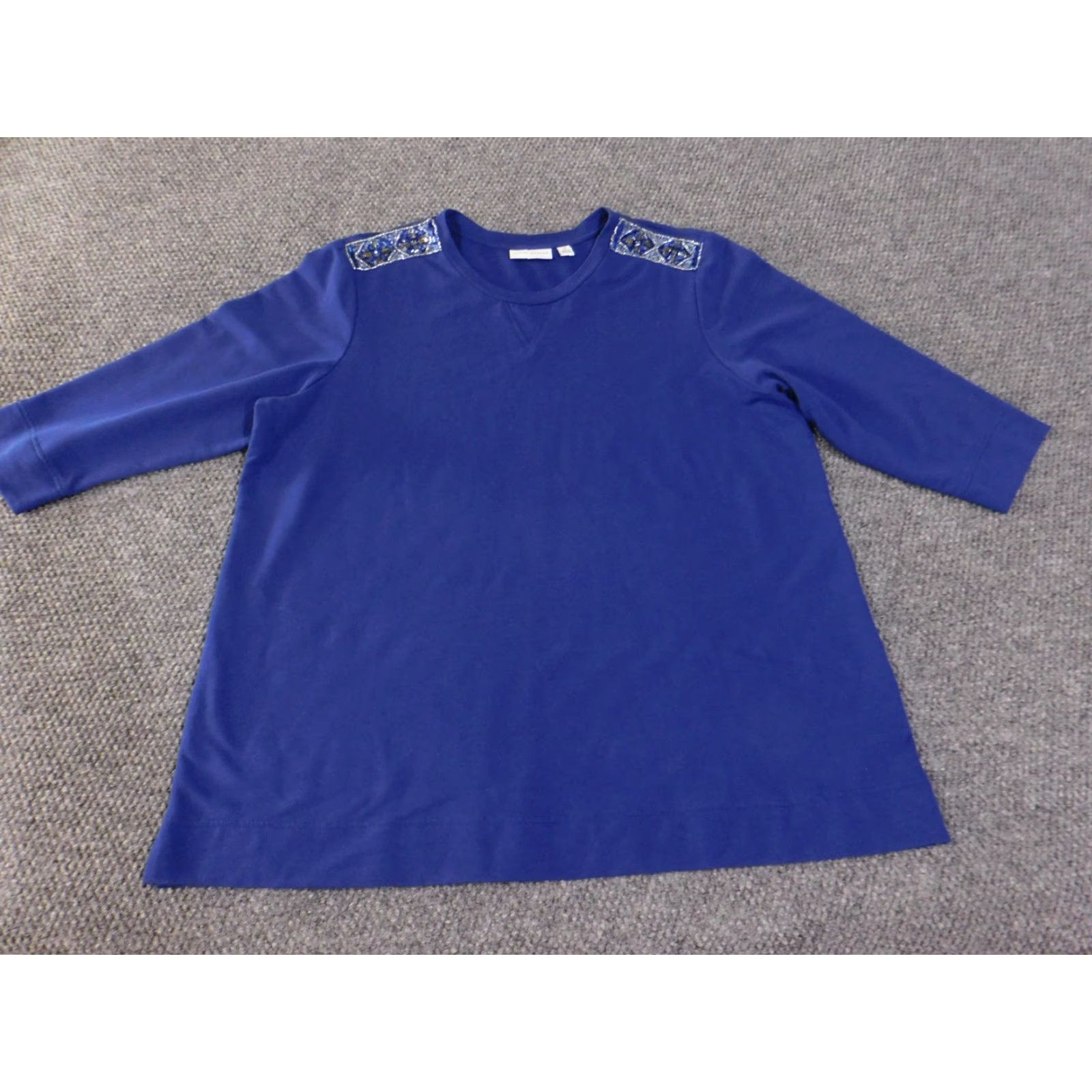 Vintage Susan Graver Shirt Womens 1X Blue Beaded Embellished Shoulder 3/4 Sleeve Pullover Top Size XL / US 12-14 / IT 48-50 - 4 Thumbnail