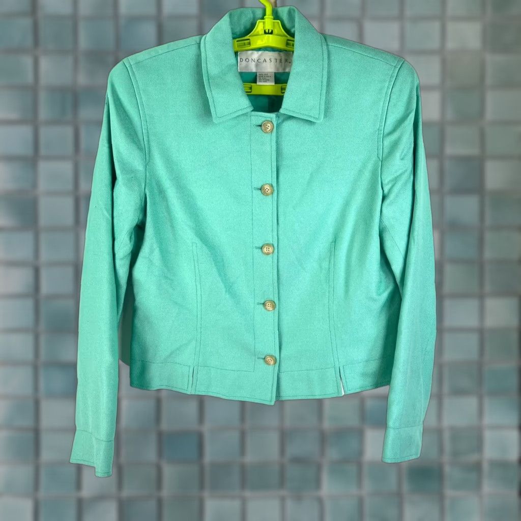 Vintage VINTAGE Don Caster Silk Blazer Jacket Womens M Green Crop Front Button Career Blazer 90s Womens Fashion Size M / US 6-8 / IT 42-44 - 1 Thumbnail