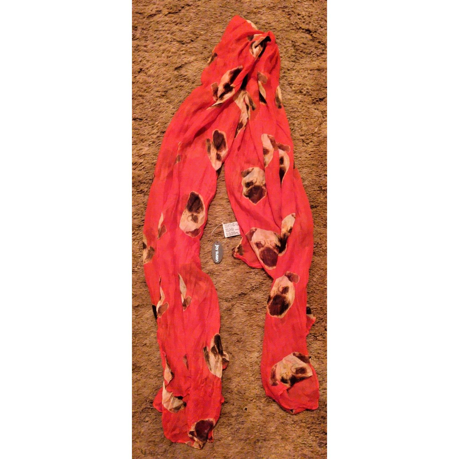 The Unbranded Brand Joy Susan Lightweight Viscose Wrap Scarf Red w/Pug 70" x 30" Size ONE SIZE - 2 Thumbnail