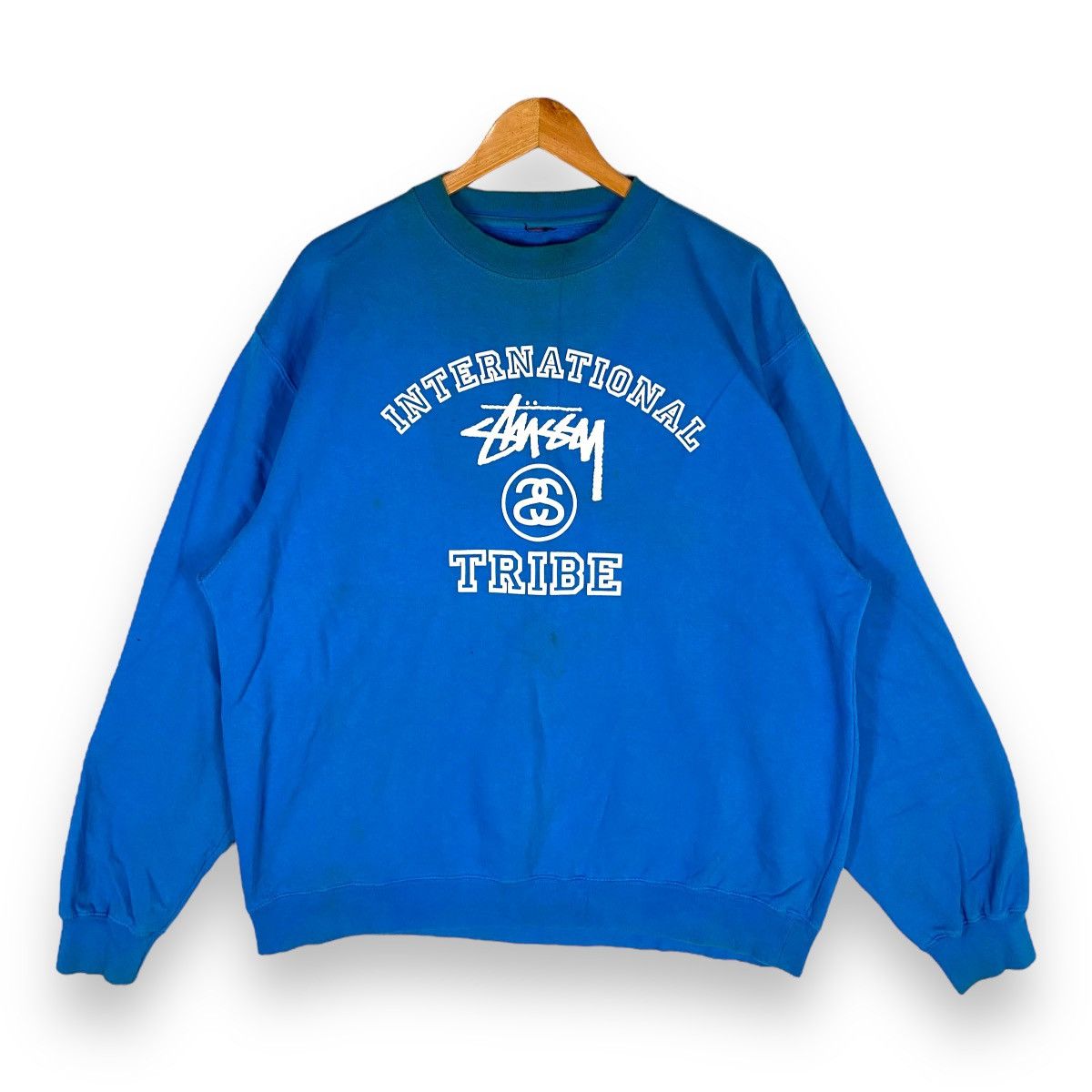 image of Stussy International Tribe Crewneck Sweatshirt in Blue, Men's (Size XL)