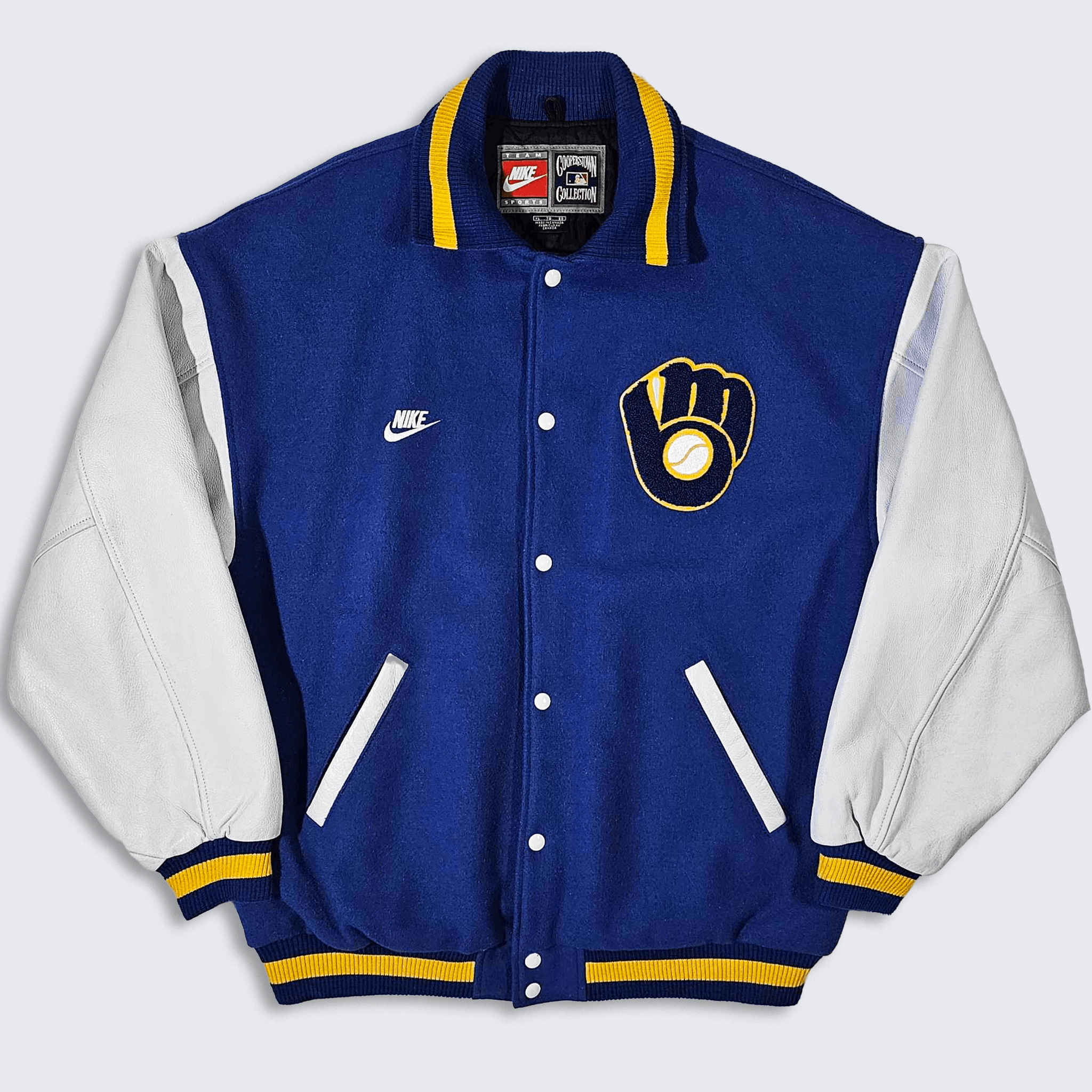 Image of Milwaukee Brewers Vintage Nike Varsity Jacket in Blue White Yellow, Men's (Size XL)