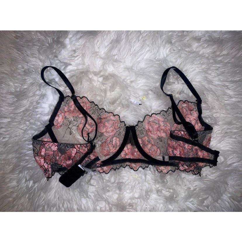 Other BRAND NEW Lace Mesh Black and Pink Rose Bra Lingerie Top 1XL Size ONE SIZE - 6 Thumbnail