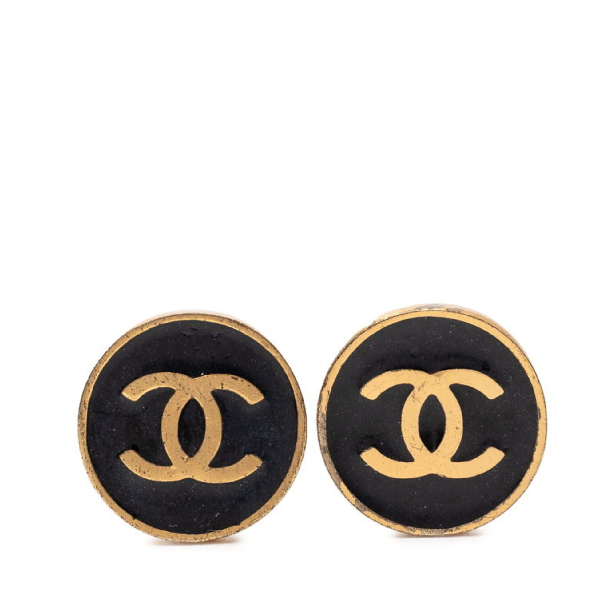Chanel Chanel Coco Mark Round Earrings 01P Gold Black Plated Enamel Women's CHANEL Size ONE SIZE - 1 Thumbnail