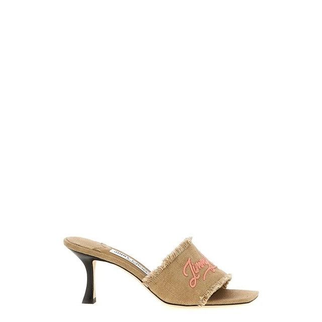 JIMMY CHOO Alexia Beige/Brown Linen 70mm Heeled Sandals New/