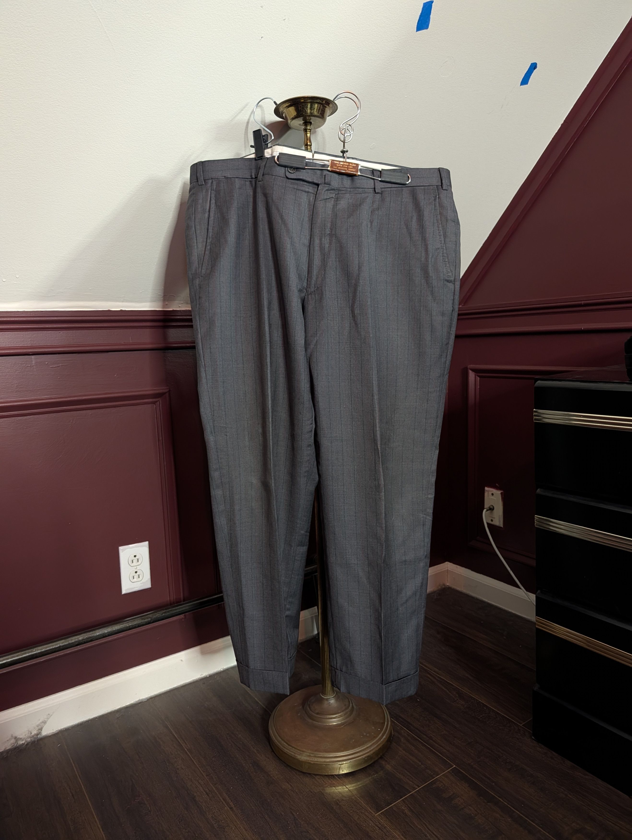 Isaia Timeless 140s wool pinstriped logo embroidery cuff pants Size US 40 / EU 56 - 1 Thumbnail