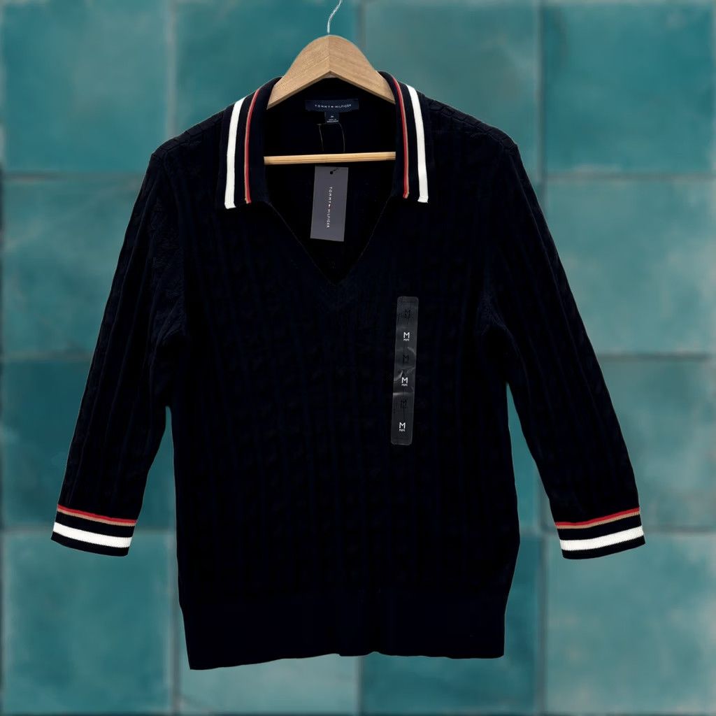 Tommy Hilfiger Tommy Hilfiger WW Johnny Sweater Womens M Blue Cable Knit V Neck 3/4 Sleeve NWT Size M / US 6-8 / IT 42-44 - 1 Thumbnail
