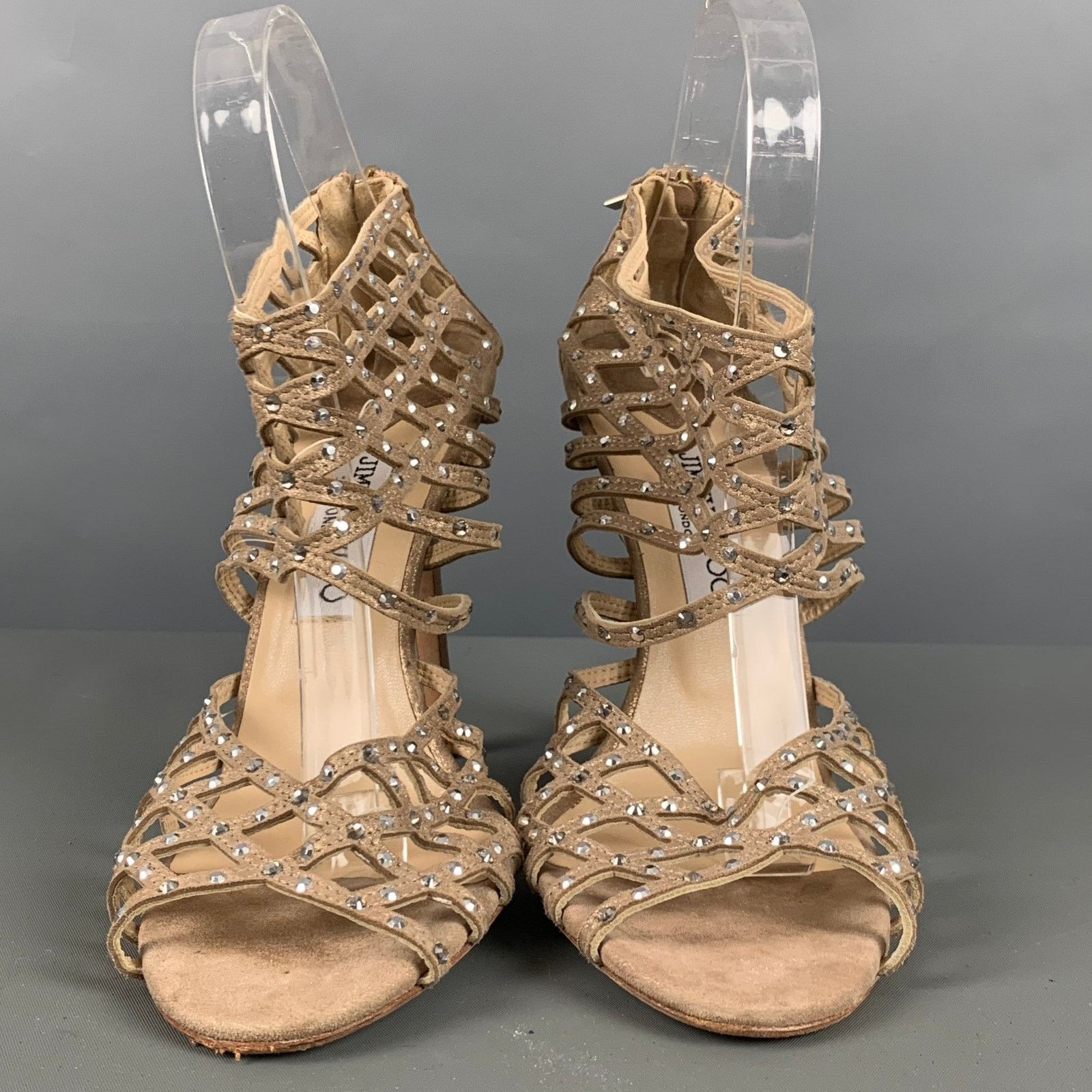 Jimmy Choo JIMMY CHOO 10 Beige Gold Suede Rhinestones Ankle Sandals Size US 10 / IT 40 - 4 Thumbnail