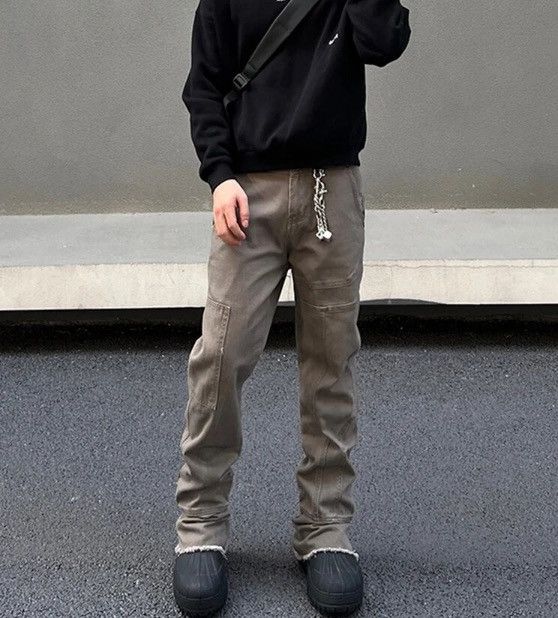 image of Distressed Denim Open Leg Flared Jean Denim Pant in Khaki, Men's (Size 33)
