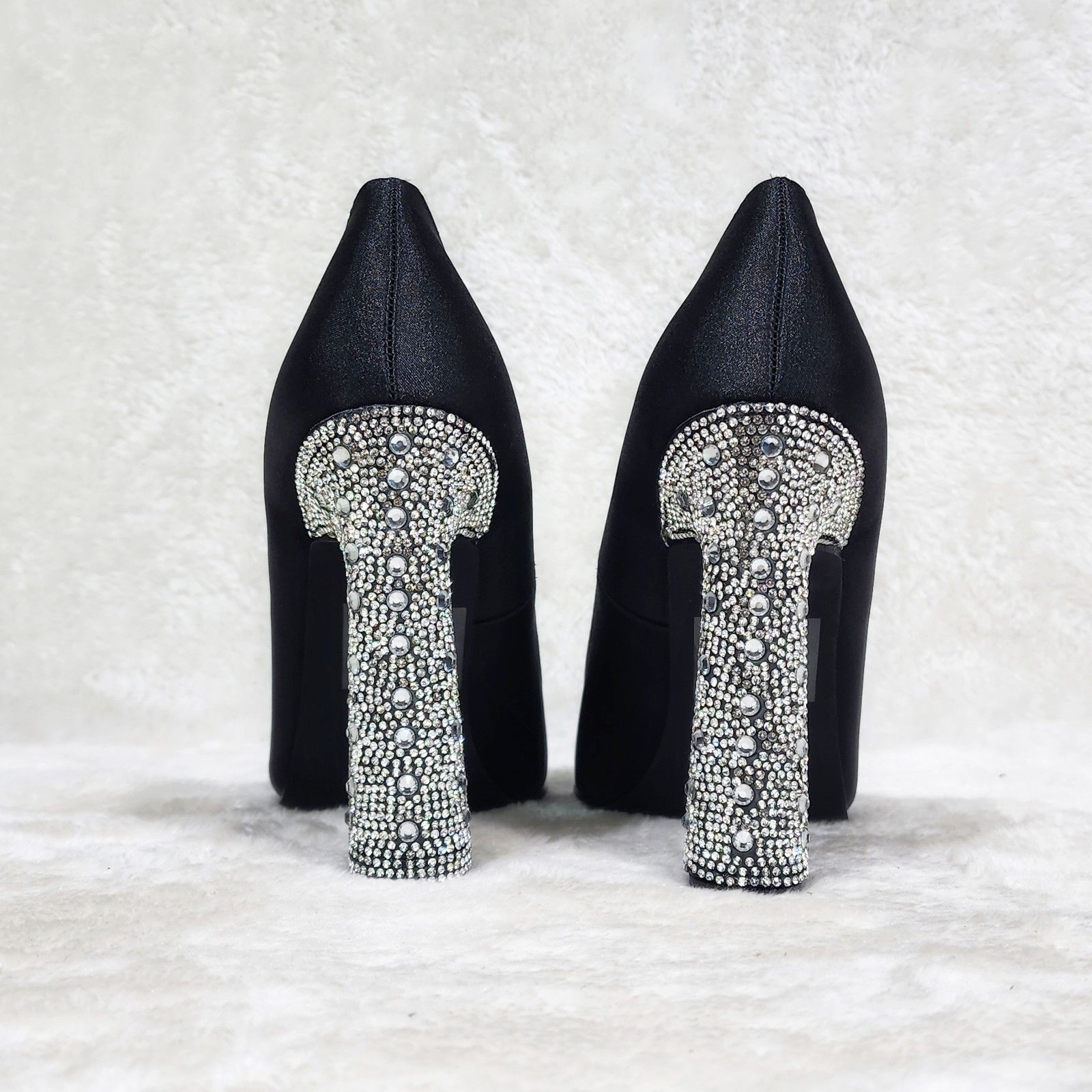 Other Klume Black Satin Pumps Chunky Rhinestone High Heel Evening Size US 9 / IT 39 - 3 Thumbnail