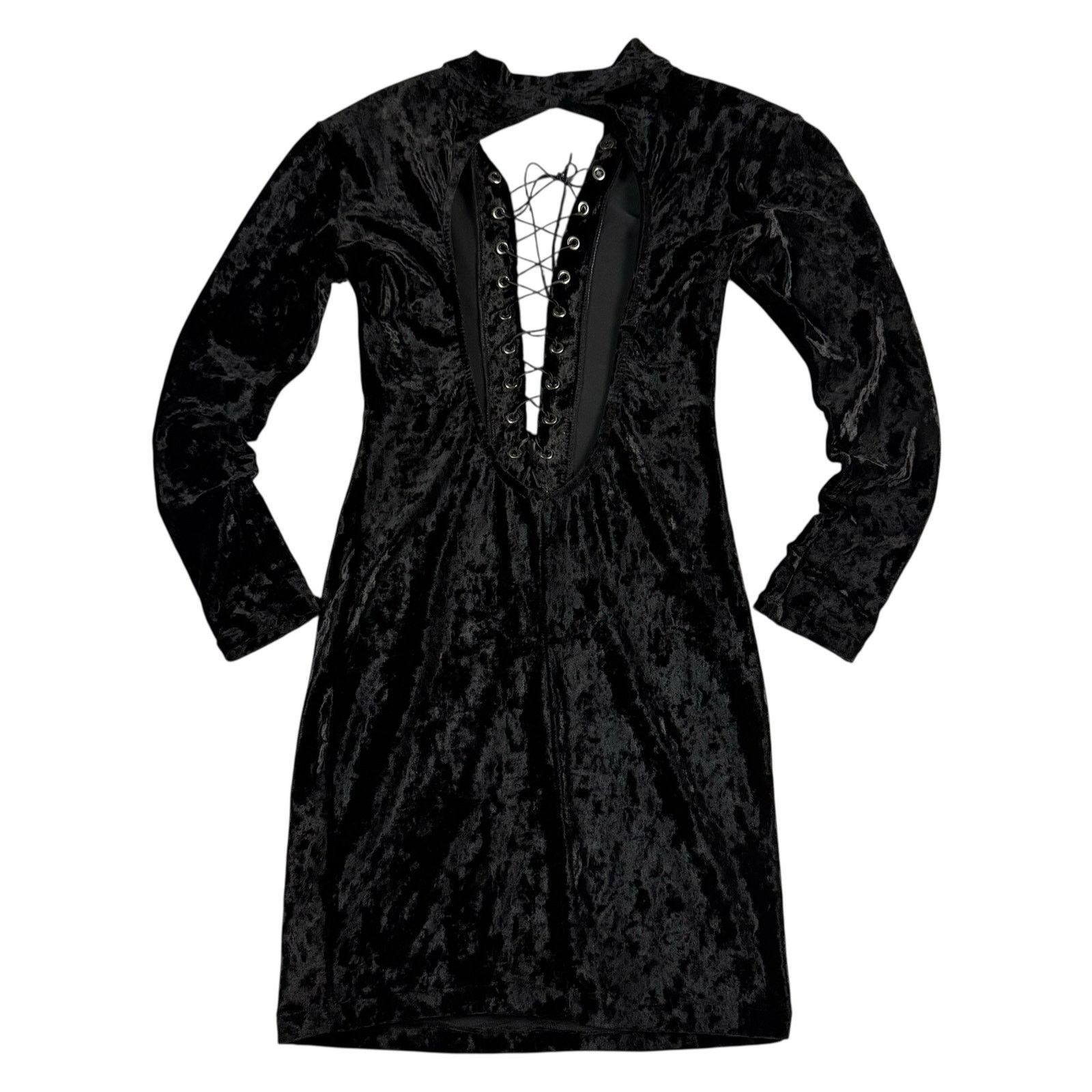 Vintage Vintage 90s Black Goth Velvet Open Back Lace-Up Midi Dress Size S / US 4 / IT 40 - 2 Thumbnail