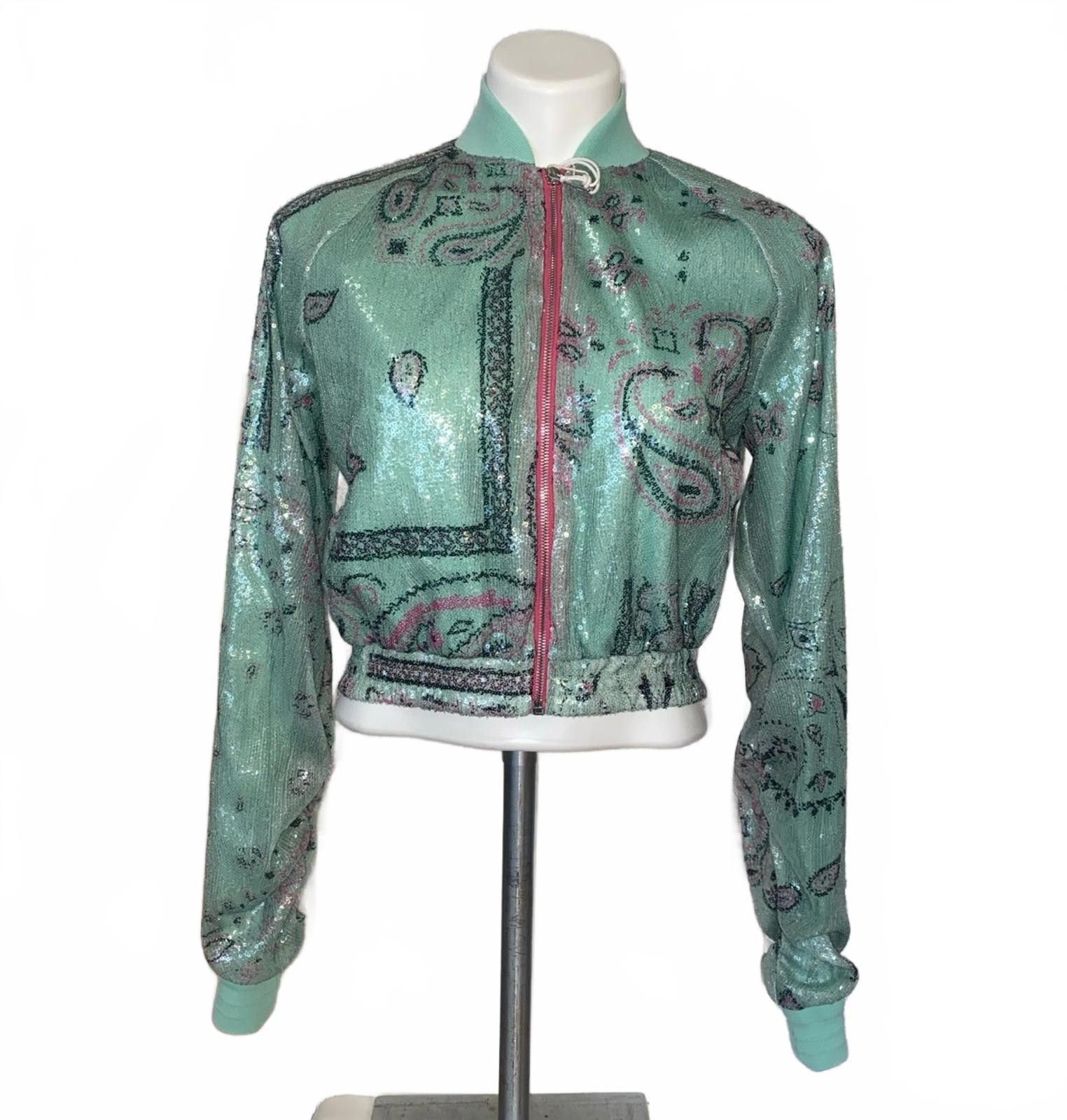 Khrisjoy Khrisjoy Mint Paisley Sequin Bomber Jacket w/Pink Zip Sz S Size XS / US 0-2 / IT 36-38 - 6 Thumbnail