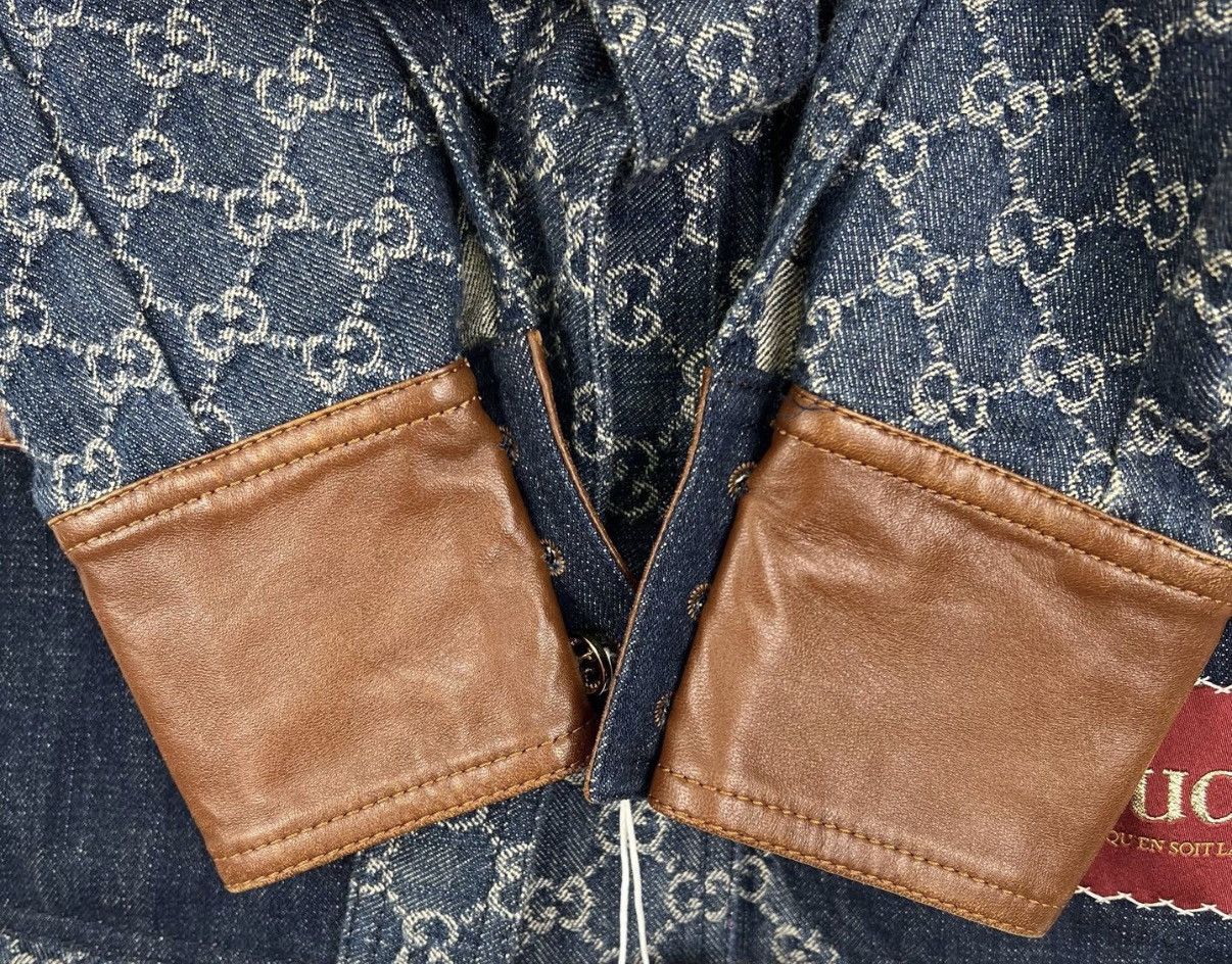 Gucci Gucci Dark Blue All-Over Logo Leather Panel Denim Jacket K12 Size XXS / US 00 / IT 34 - 5 Thumbnail