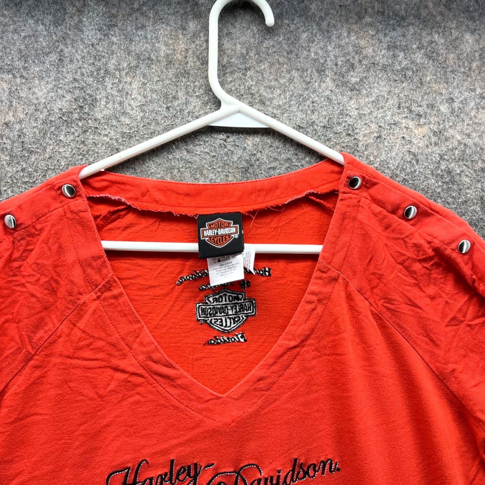 Harley Davidson VINTAGE Harley-Davidson Shirt Women XL Orange Solid 100% Cotton Short Sleeve Round Neck T-Shirt 60s-90s Inspired Size XL / US 12-14 / IT 48-50 - 7 Thumbnail