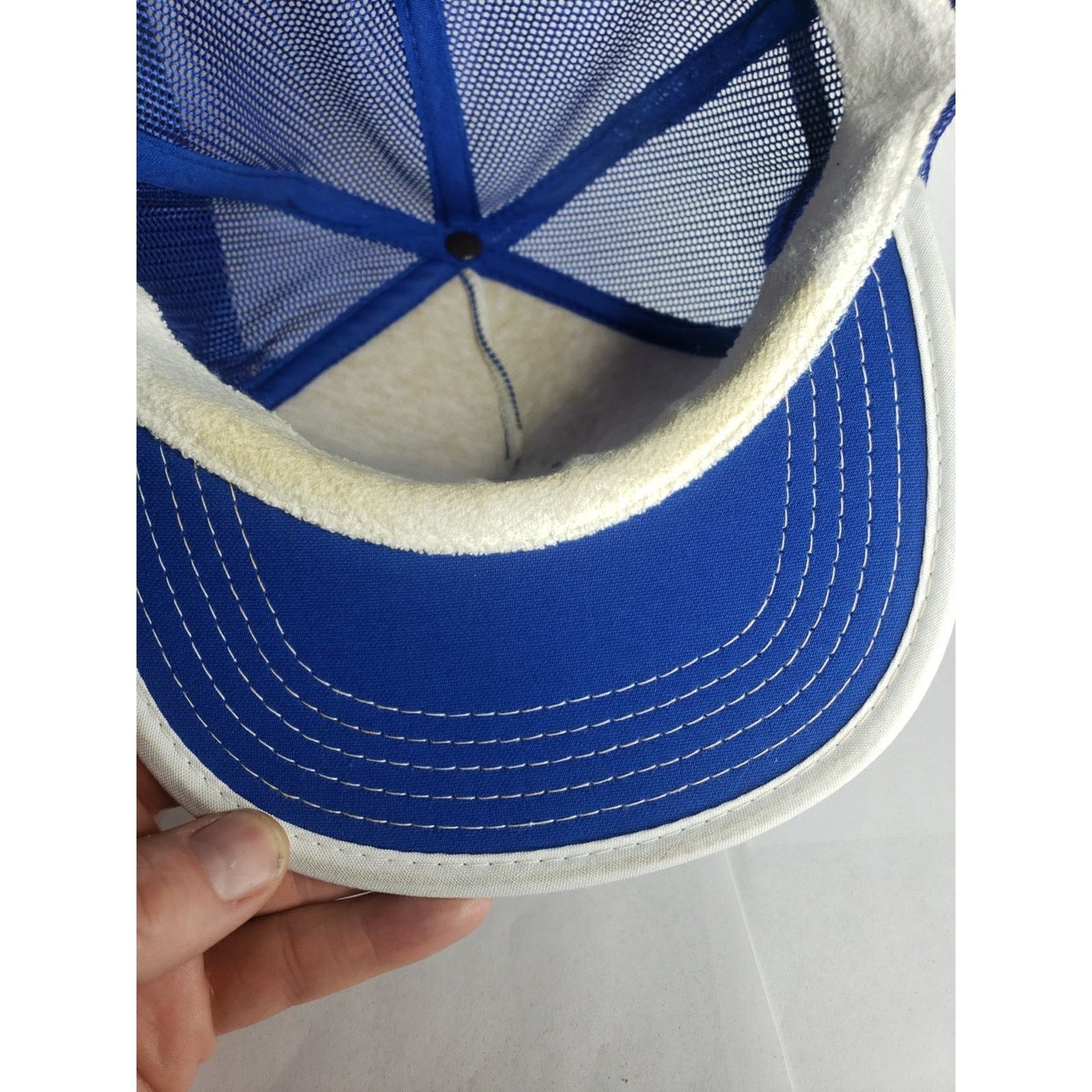 Vintage VTG Three Stripe Trucker Hat USA Mesh 70s 80s Blue Metal Size ONE SIZE - 7 Thumbnail