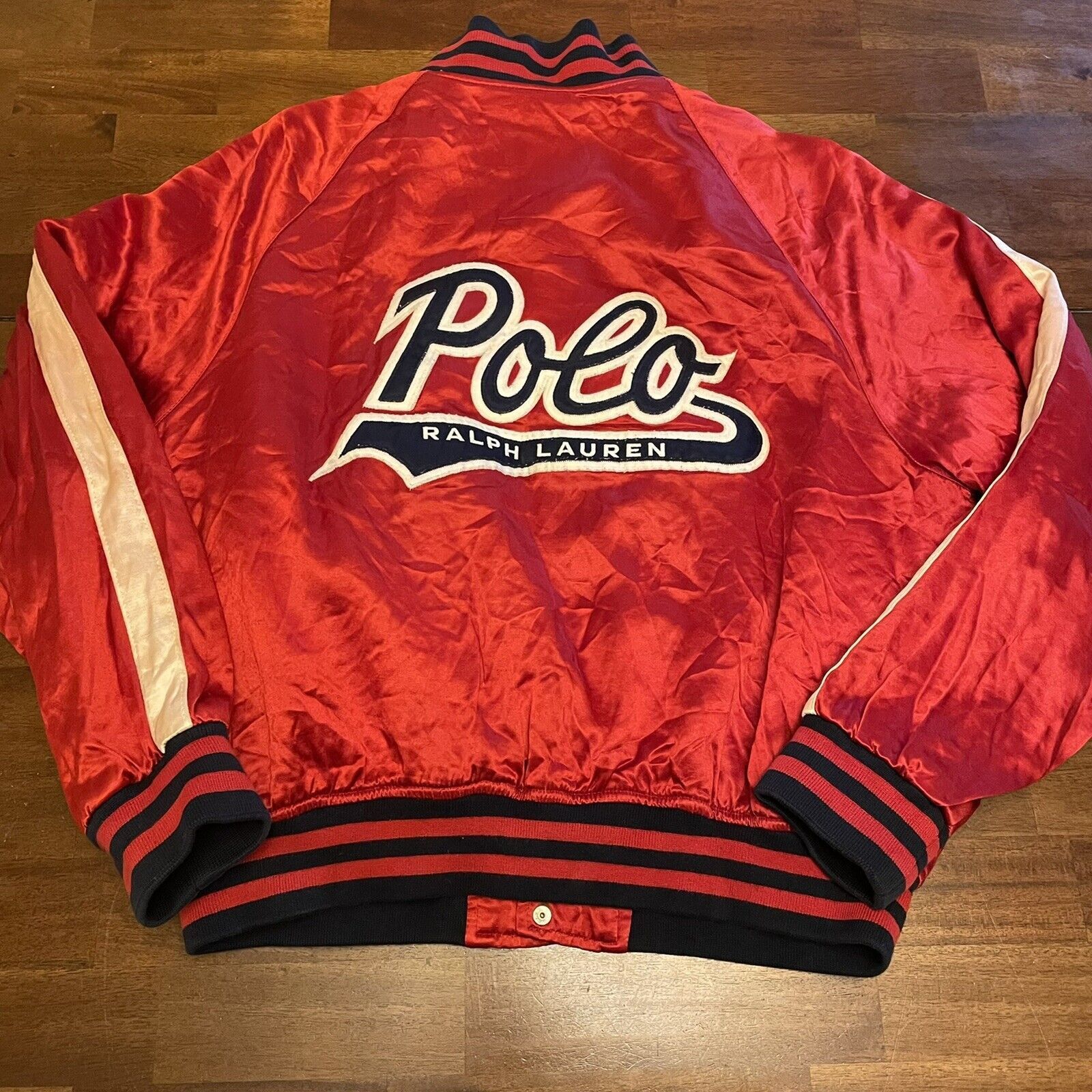 image of Vintage Polo Ralph Laurent Script Satin Varsity Jacket Xl, Men's