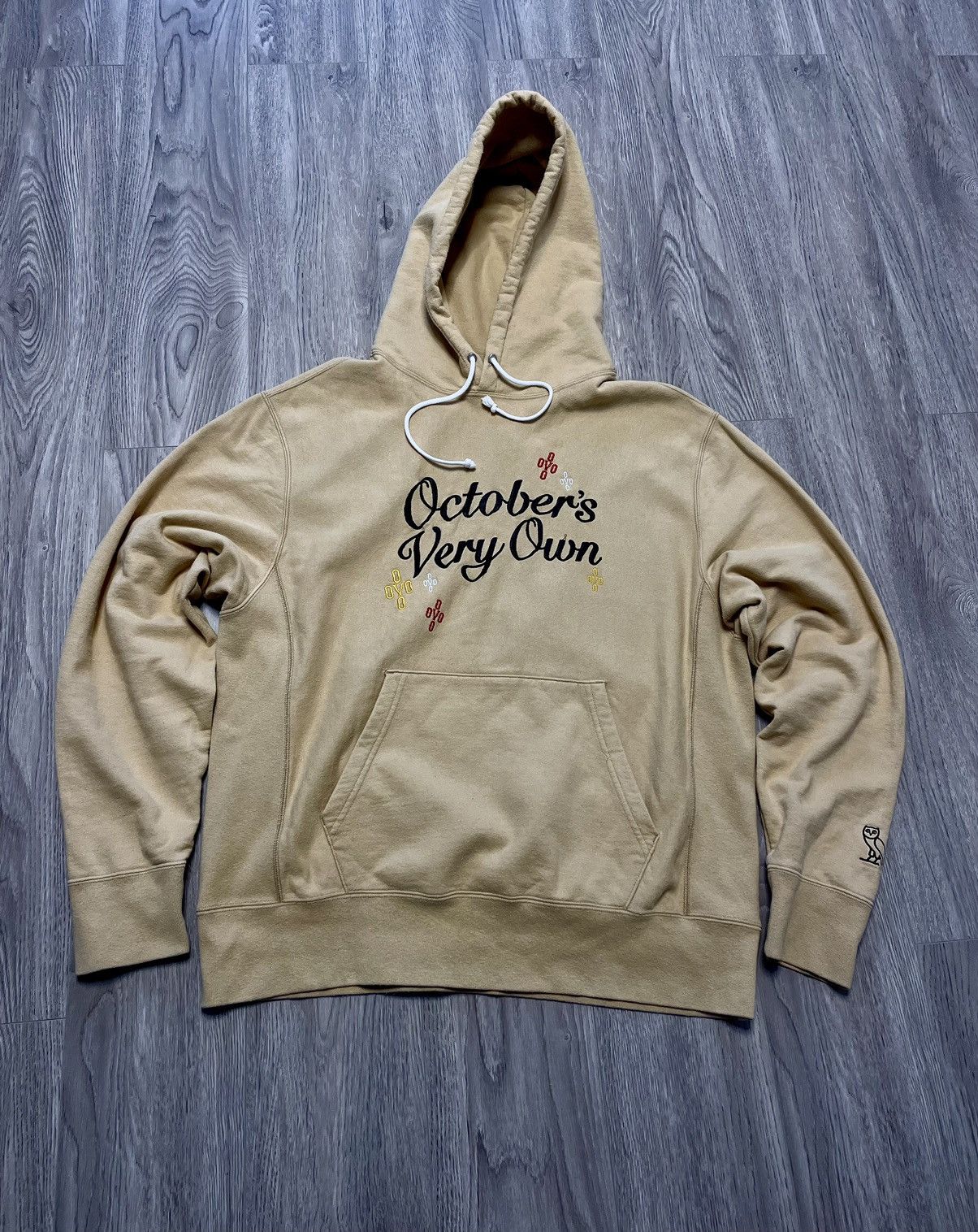 image of Octobers Very Own Ovo Pompom Script Hoodie in Beige, Men's (Size Large)