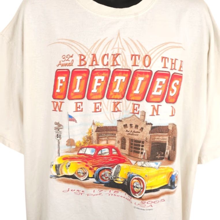 Gildan VINTAGE Car Show T Shirt Mens Size XL White Y2K 2005 Back To The Fifties Size US XXL / EU 58 / 5 - 2 Thumbnail