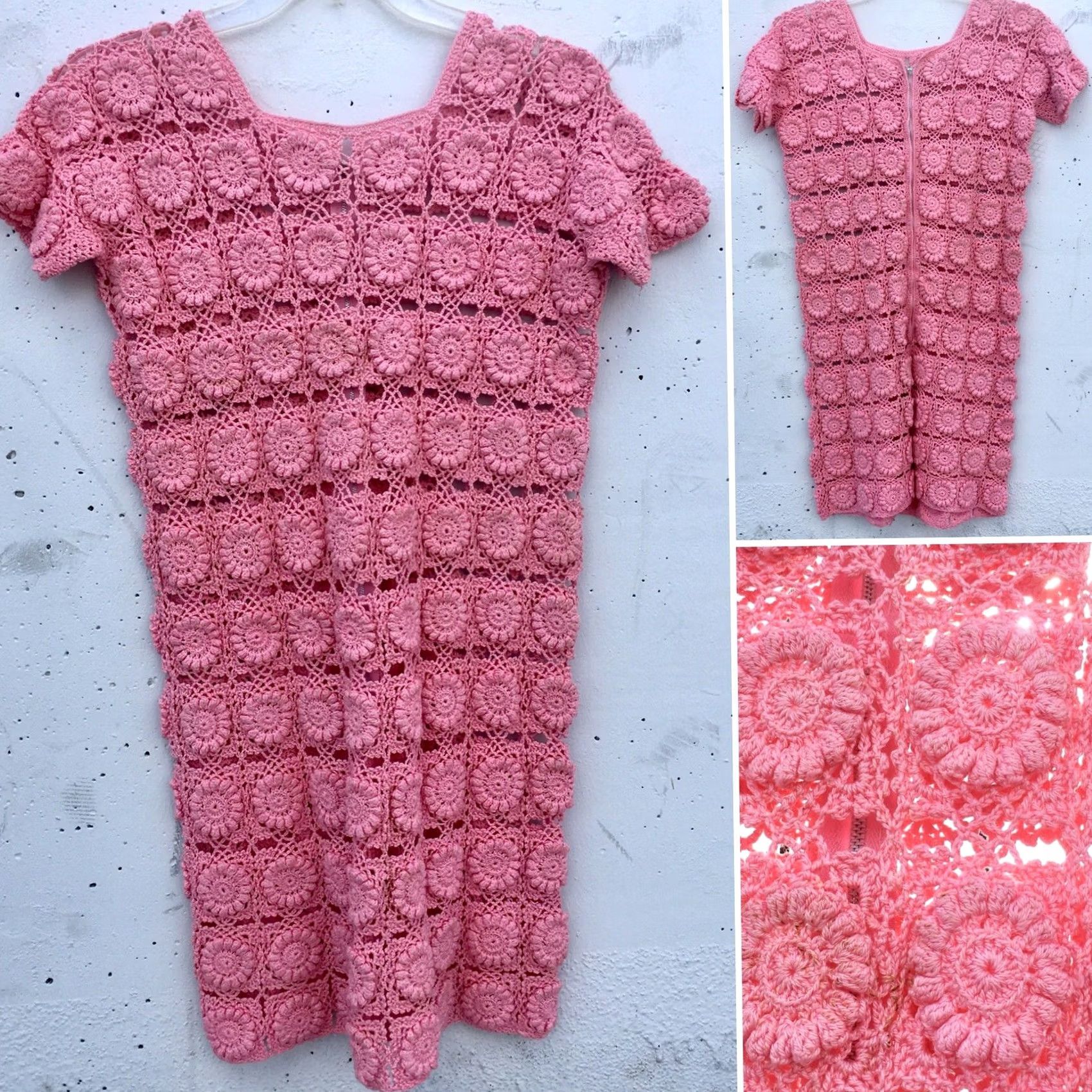 Pinko VINTAGE Pink Crochet Dress Floral Granny Square Boho 60s 70s Style Mini Women Size M / US 6-8 / IT 42-44 - 4 Thumbnail