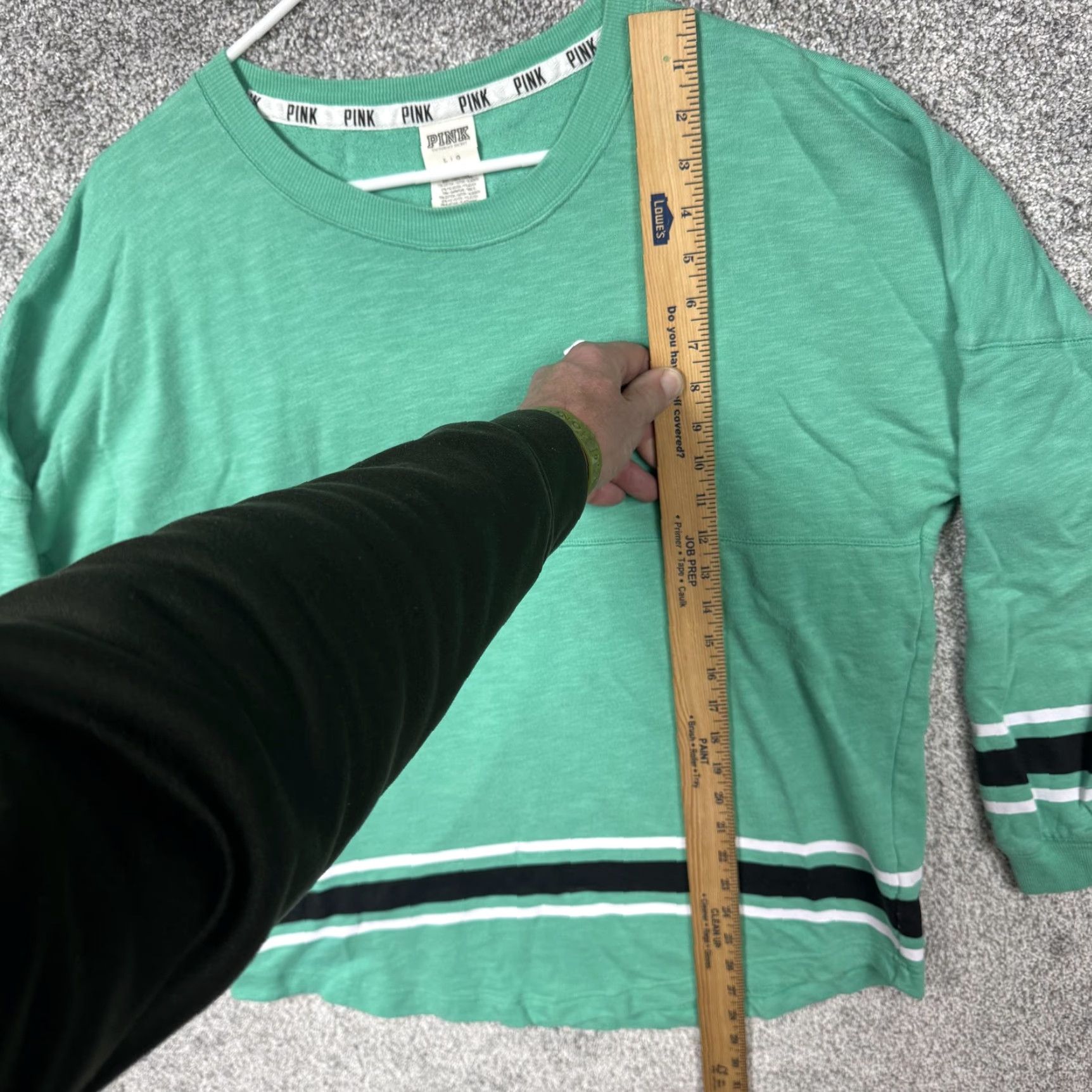 Vintage PINK Victoria's Secret Shirt L Green Jersey Striped Varsity 86 Retro Sporty Womens Long Sleeve Crew Neck T-Shirt Size L / US 10 / IT 46 - 2 Thumbnail