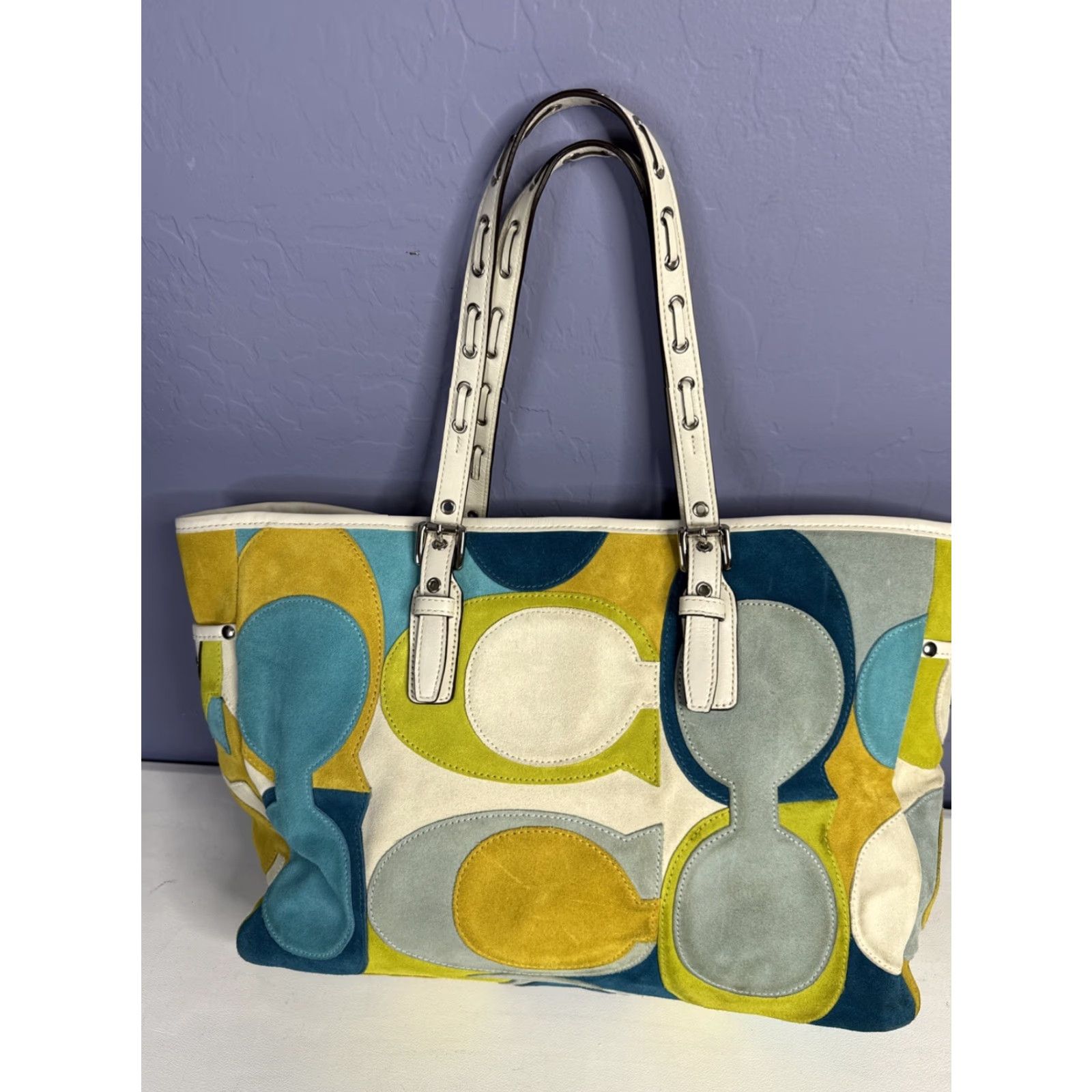 VINTAGE Coach Limited Edition Suede Leather Multicolor Optic Tote Bag F03682 Tote Women Leather