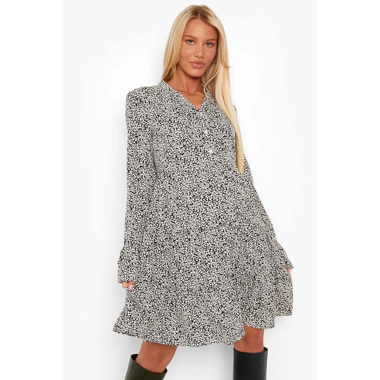 Boohoo Boohoo | Maternity Black White Floral Shirt Dress | L (12) Size L / US 10 / IT 46 - 4 Thumbnail