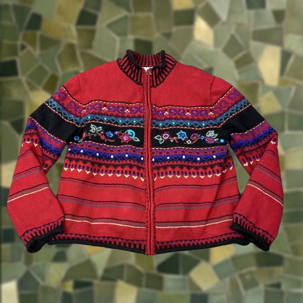 Vintage VINTAGE Koret Jacket Womens Large Red Floral Embroidered Knit Full Zip Lined Petites Bohemian Women Size L / US 10 / IT 46 - 1 Thumbnail