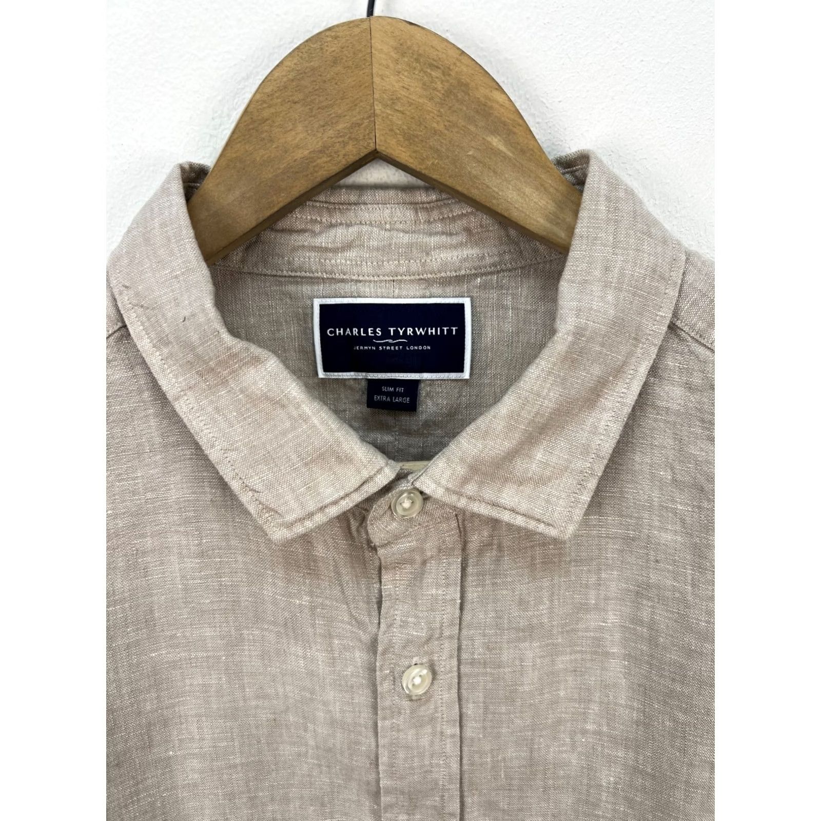 Charles Tyrwhitt Charles Tyrwhitt Linen Shirt Slim Fit XL Button-Up Beig e Men Short Sleeve Collared Casual/Classic Size US XL / EU 56 / 4 - 2 Thumbnail