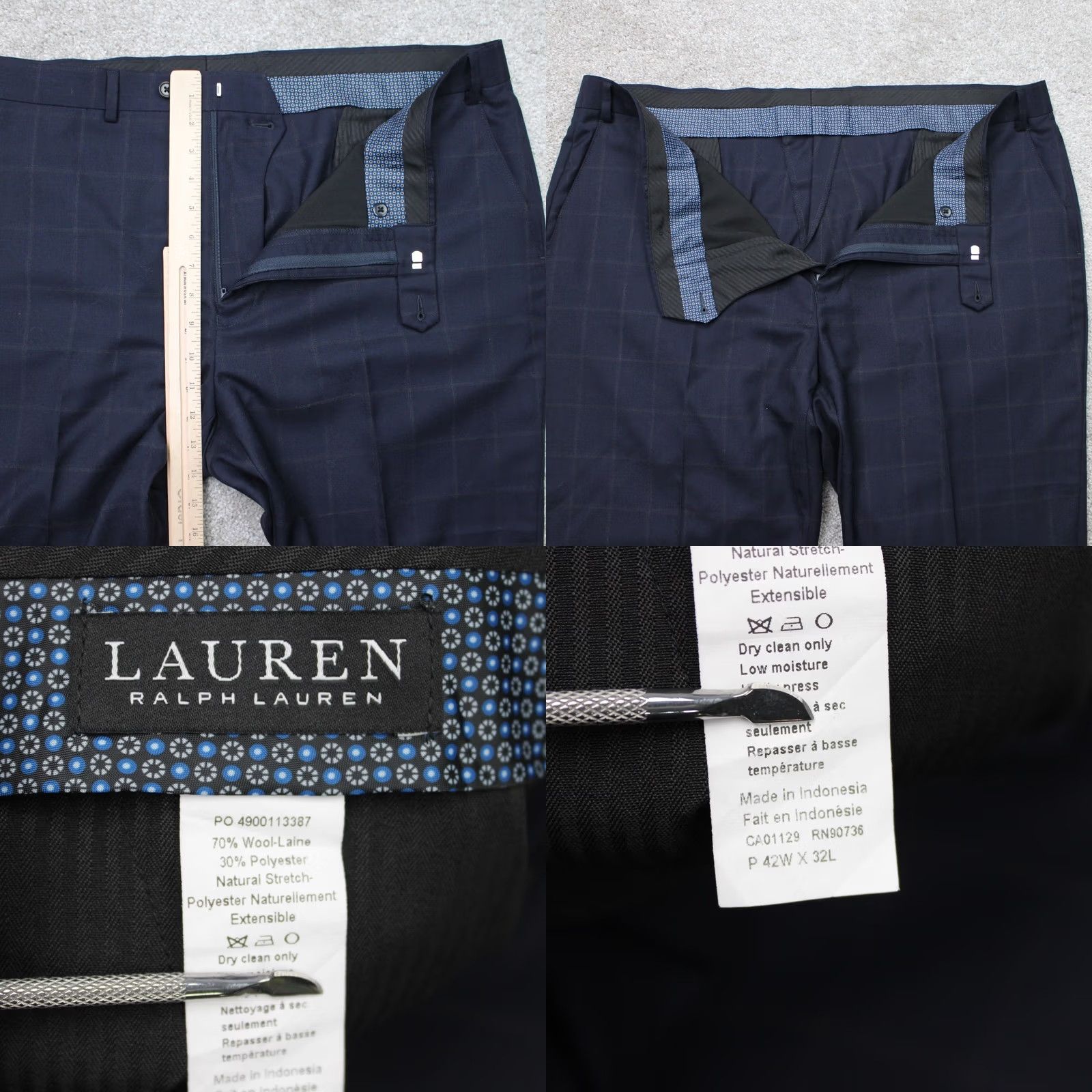 Ralph Lauren LAUREN Ralph Lauren Pants Mens 42x32 Blue Windowpane Wool Polyester Flat Front Dress Pants Regular Rise Straight 42 in Inseam 32 in Size US 42 / EU 58 - 8 Thumbnail