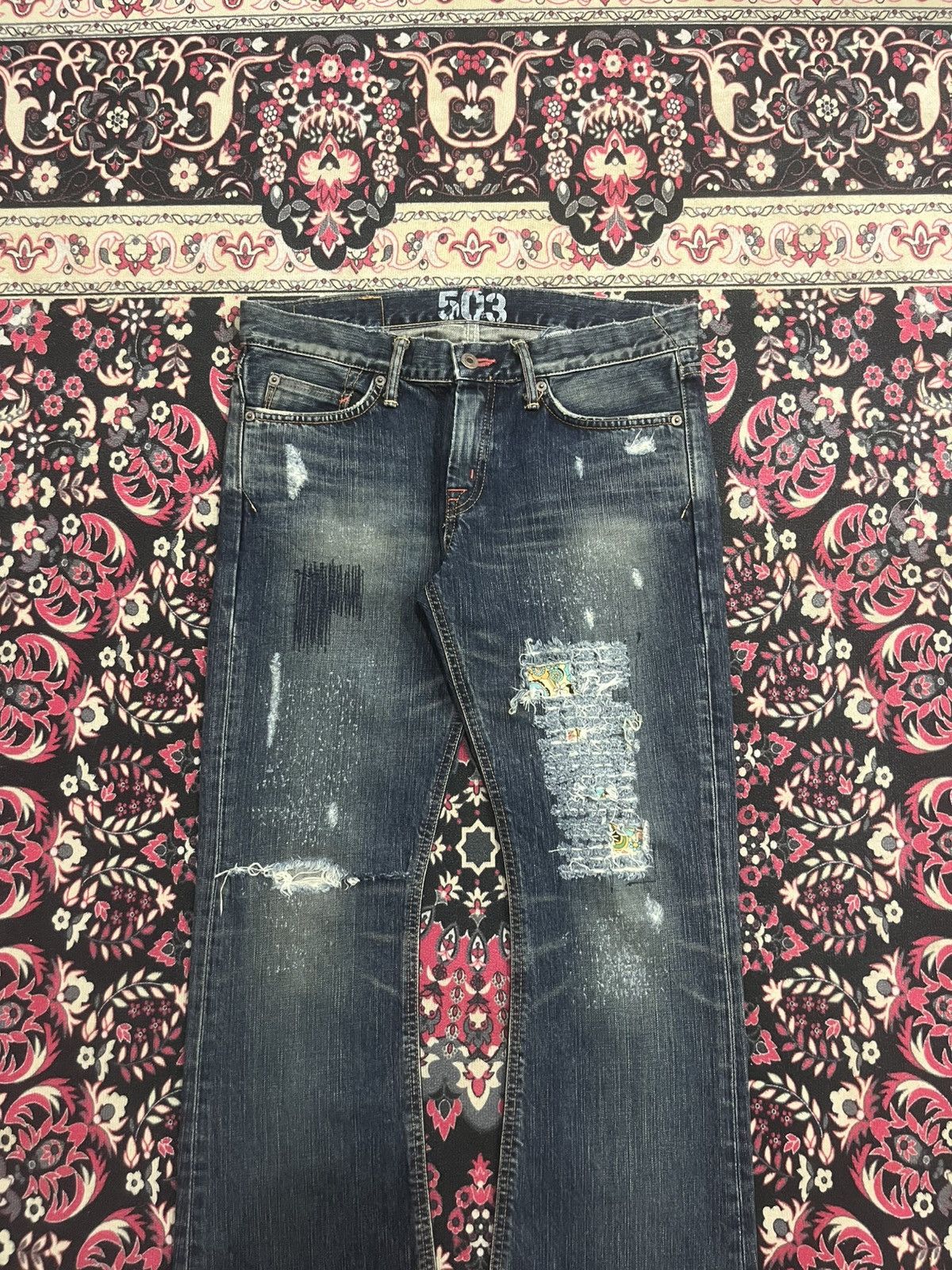 Tornado Mart Vintage Japan Edwin Miss 503 Dark Blue Distressed Flare Jean Size 31" - 3 Thumbnail