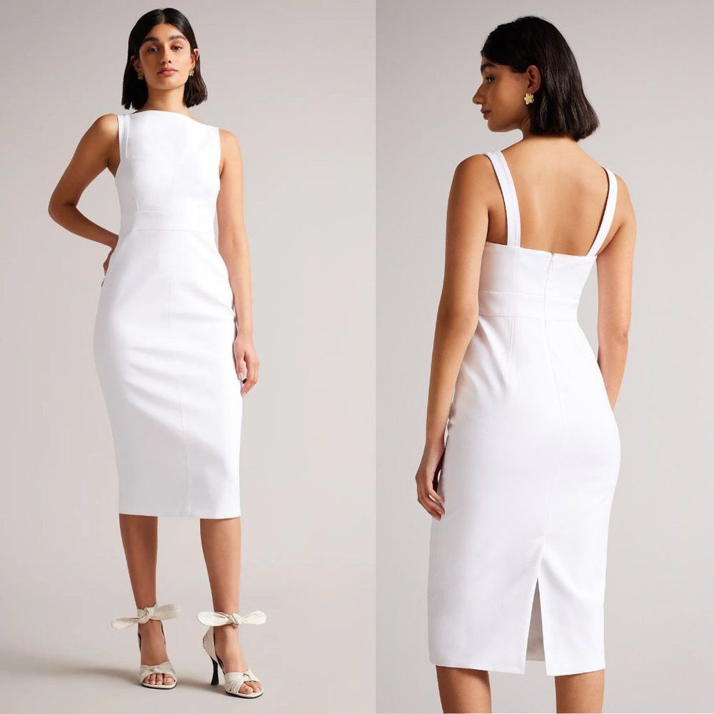 Image of NWT New $370 Ted Baker Klarika Bodycon White Midi Dress 4, Women's (Size Small)