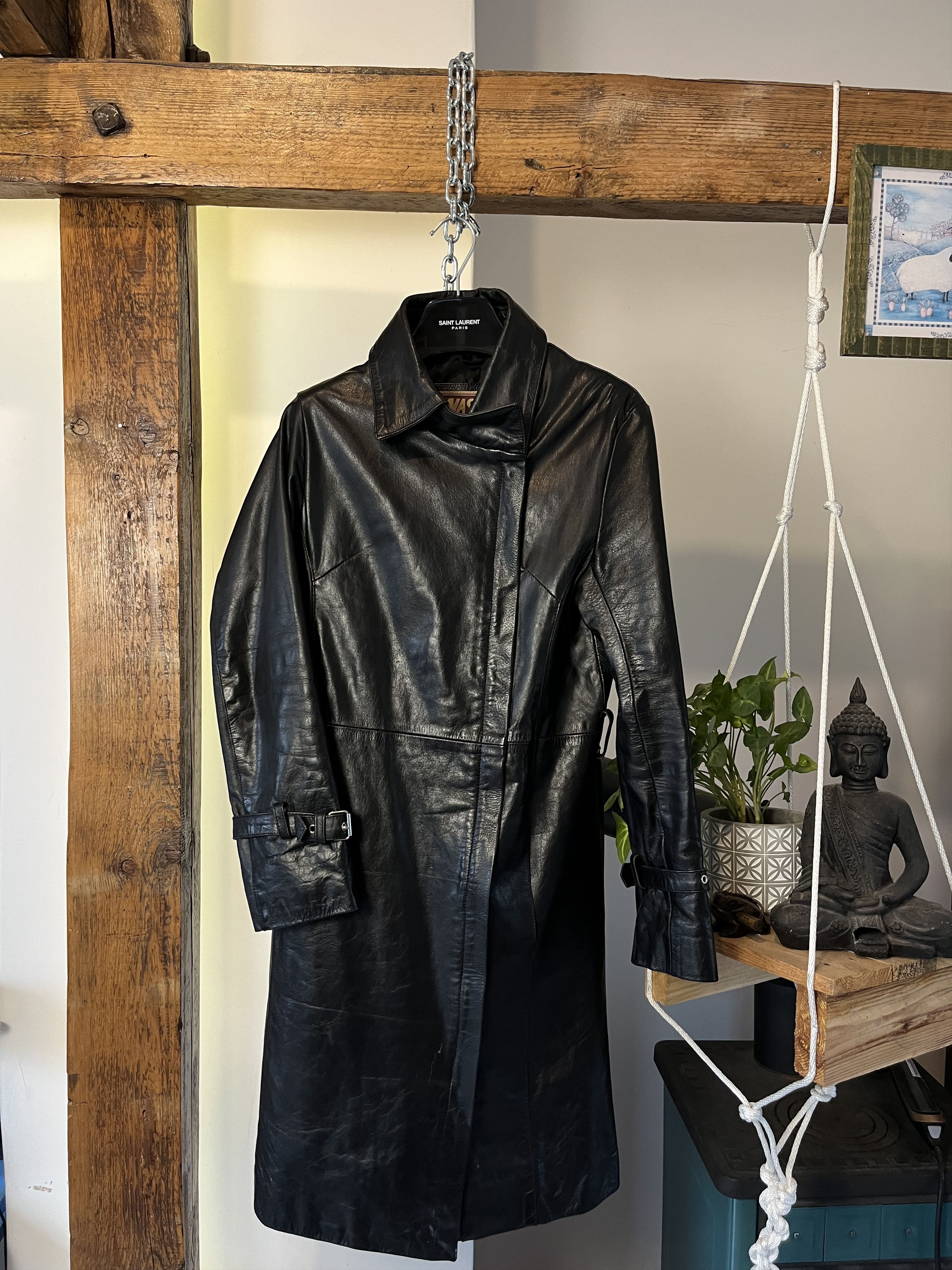 image of Genuine Leather x Vintage Y2K Genuine Long Leather Coat Matrix Space Cowboy Vibe in Black, Women's 