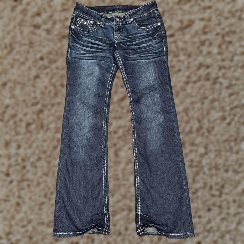Denime Women Embellished Jeans Blue 28x30 Low Rise Bootcut Rhinestone Flap Pocket Denim Size 28" / US 6 / IT 42 - 1 Thumbnail