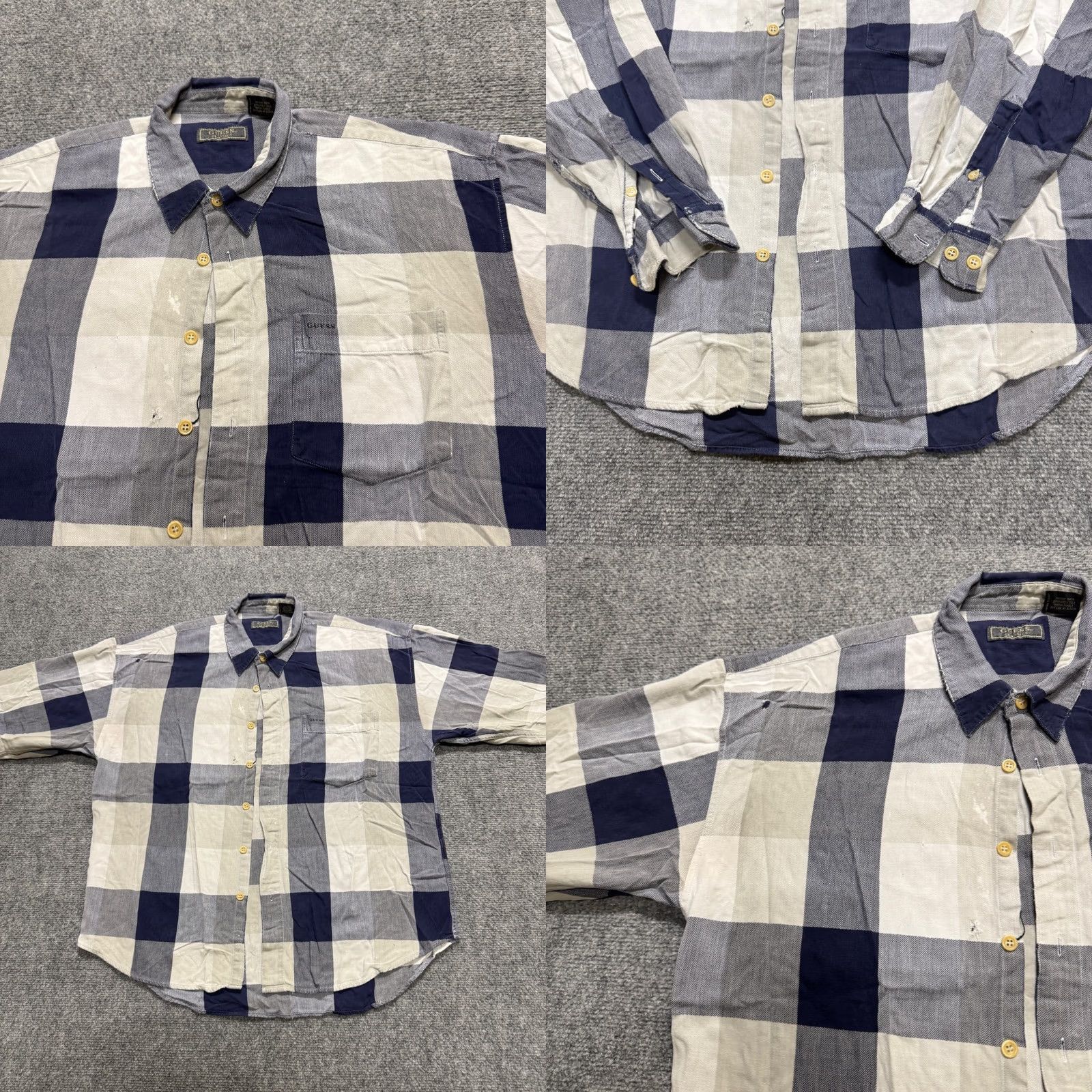 Guess VINTAGE GUESS Shirt Dress Men XL Plaid Short Sleeve Cotton Blue Stained Button Up Size 46R - 8 Thumbnail