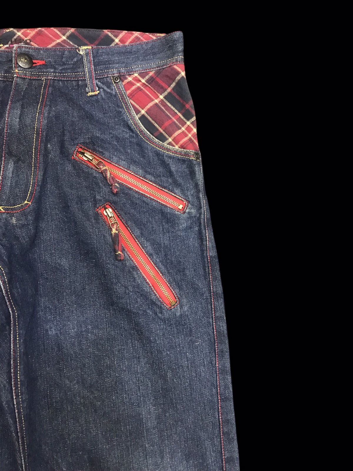 Japanese Brand 💥DENIM ART💥STONE HEAD Zipper Tartan Leg Denim F154 Size US 35 - 3 Thumbnail