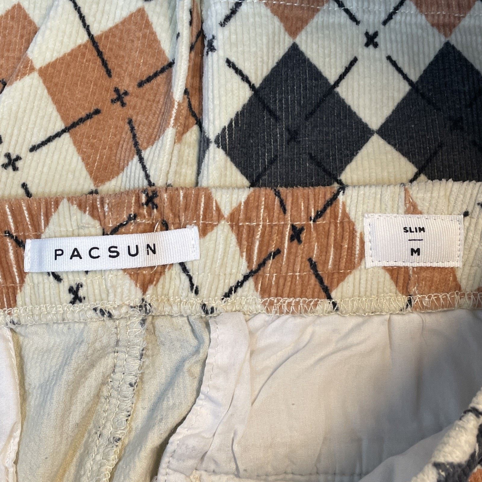 Pacsun PACSUN M Slim Argyle Corduroy PANTS Elastic Waist TAN GRAY Size 33" - 16 Thumbnail