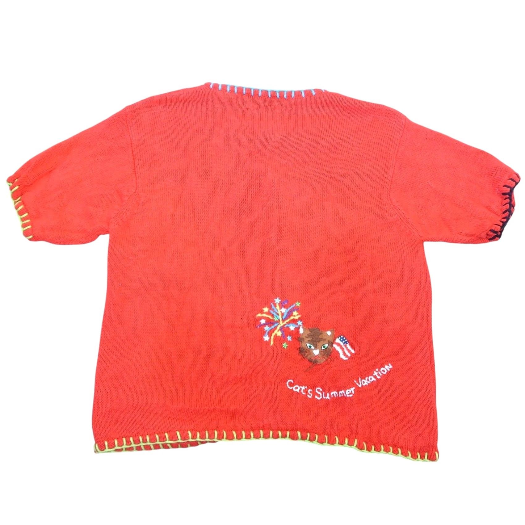 CO VINTAGE 90s M.C. & Co Red Cat Embroidered Cardigan Sweater S Womens Short Sleeve Knit Cotton Ramie Beaded Casual Spring Summer 90s Cats motif Size S / US 4 / IT 40 - 6 Thumbnail