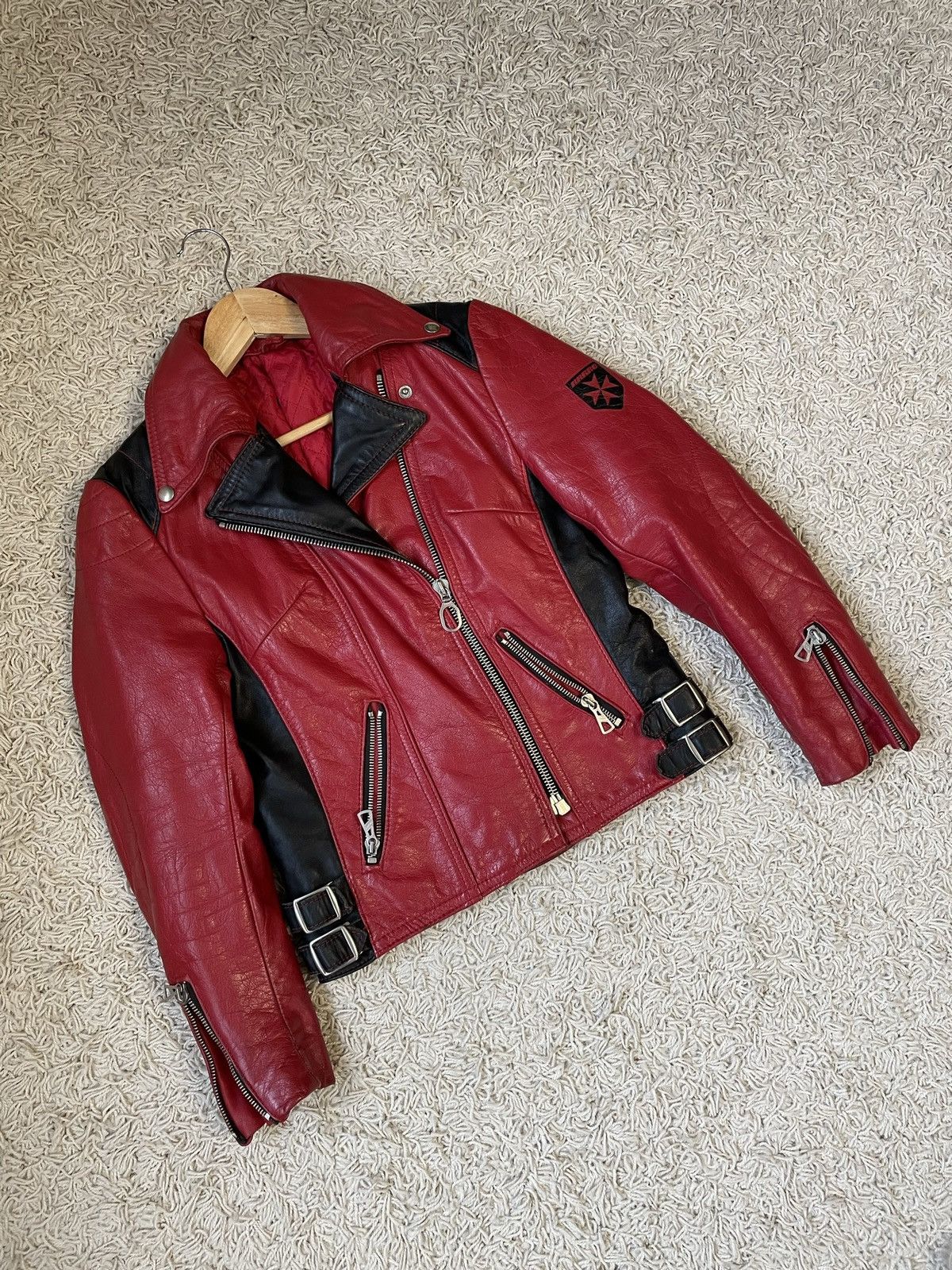 image of Archival Clothing x Moto 1970S Harro Vintage Two-Tone Leather Biker Jacket in Red Black, Women's (S