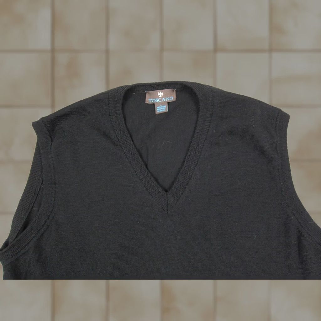 Vintage Toscano Sweater Vest Mens L Black 100% Merino Wool V-Neck Knit Golf Knitwear Vest Size US L / EU 52-54 / 3 - 1 Thumbnail