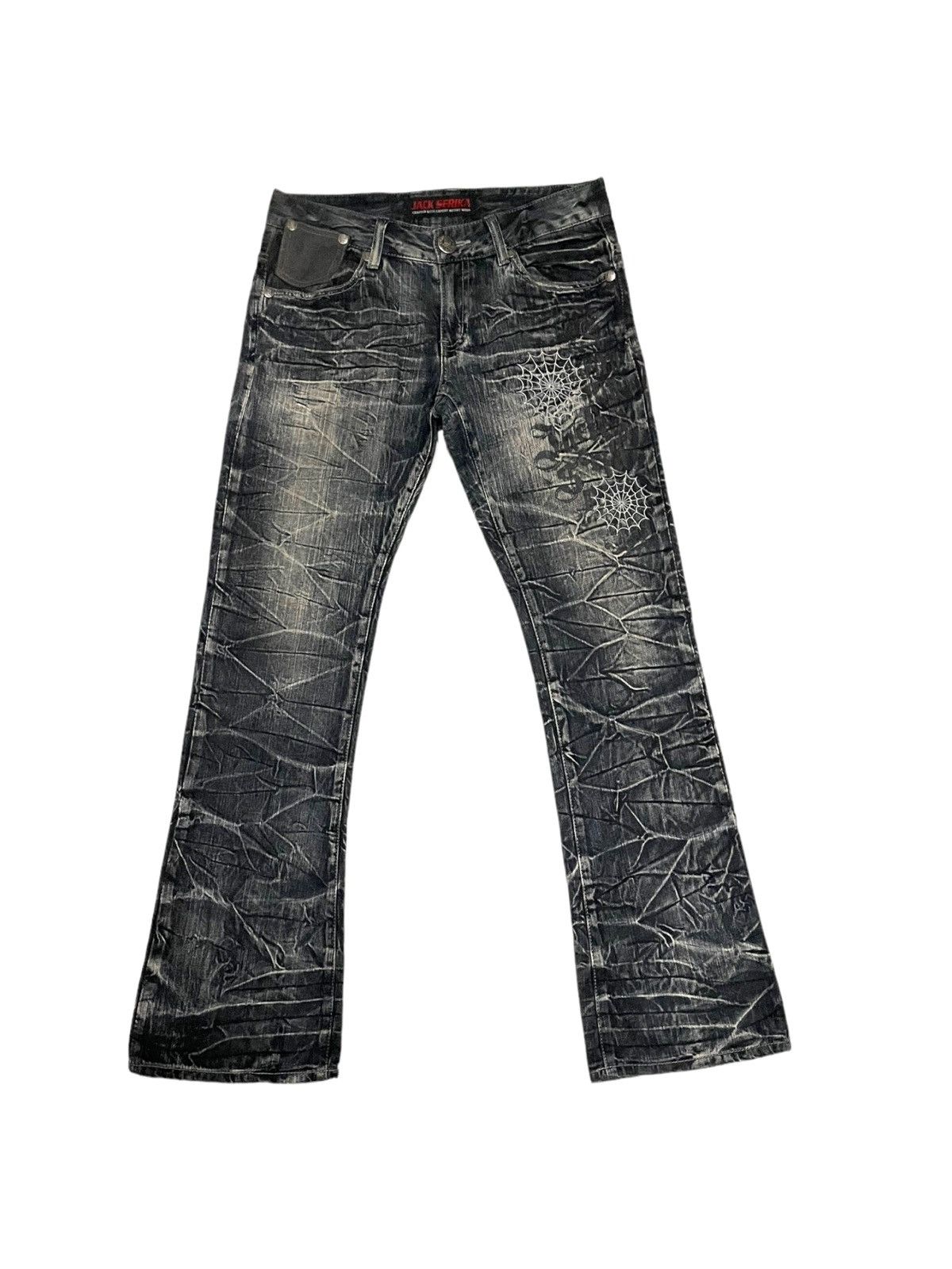 image of Skull Jeans Jack Serika Artist Work Spider Web Distressed Jeans in Stonewash Blue, Men's (Size 34)