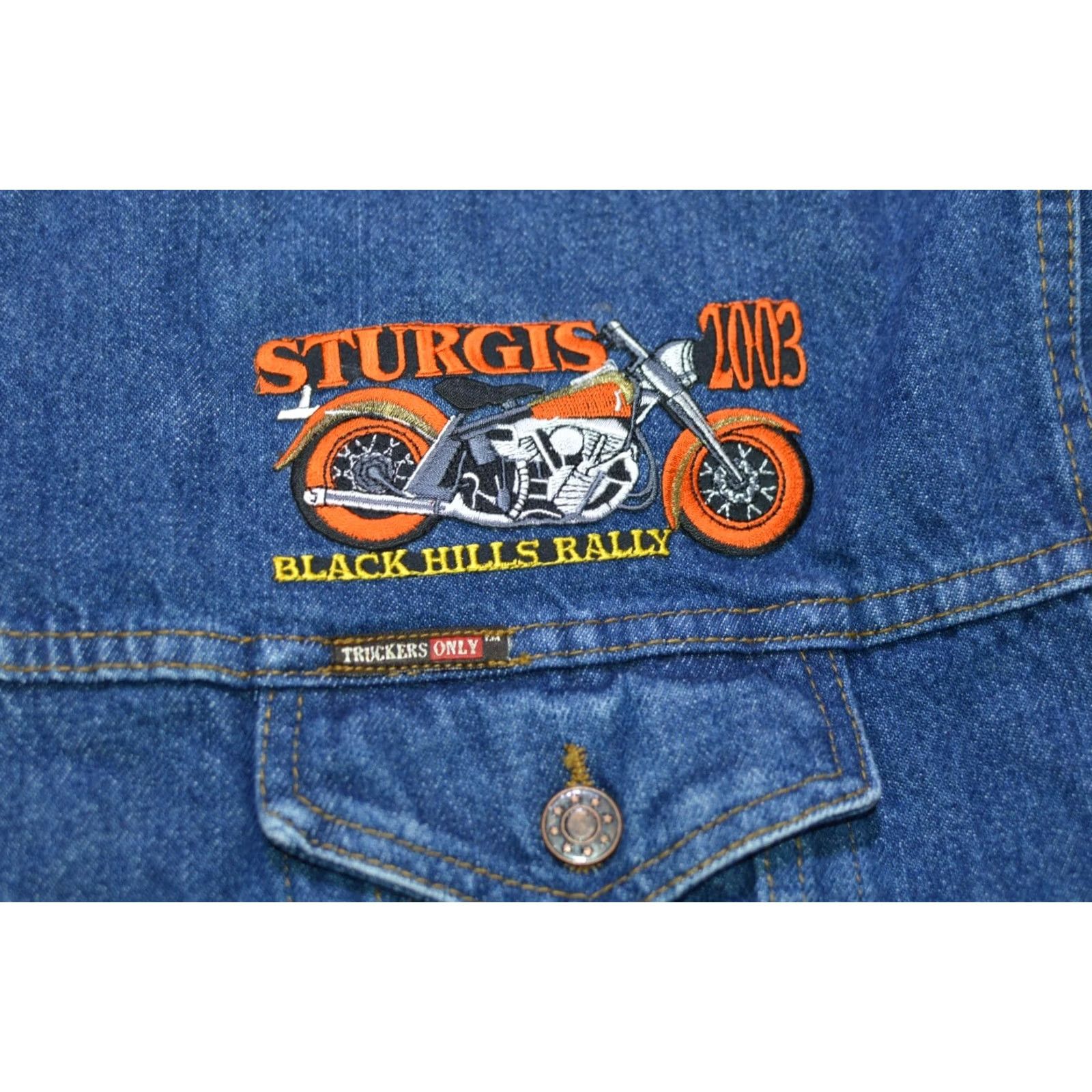 Denime Texas Wear Sturgis 2003 Black Hills Rally Denim Jacket Blue XL Mens Size XL Back Print Jacket Denim Jacket Shirts Shirt? Size US XL / EU 56 / 4 - 7 Thumbnail