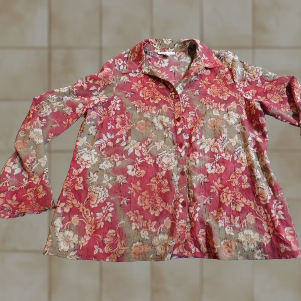 JM Collection JM Collection Button-Up Top Womens 16 Red Floral Long Sleeve Cap Sleeve Crew Neck Button-Up Casual Regular Fit Cotton Polyester Size XXL / US 16-18 / IT 52-54 - 1 Thumbnail