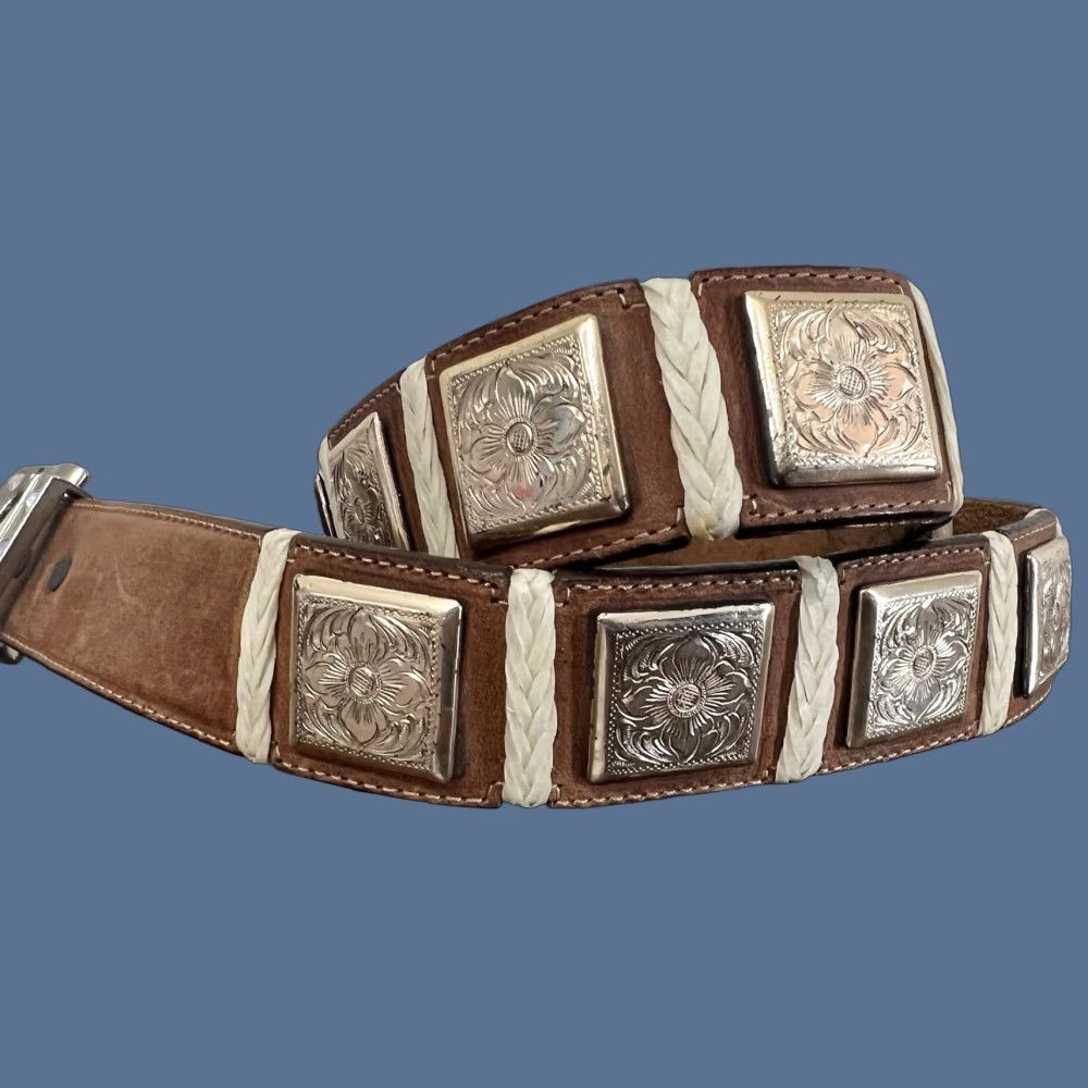 Tony Lama VINTAGE Tony Lama Belt 36 Brown Silver Rhinestone Buckle Leather Floral Medallion Square Belt Women 36-37 in Adjustable Western USA Cowboys Girls Size ONE SIZE - 1 Thumbnail