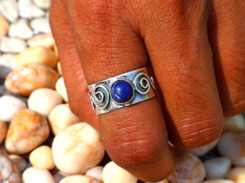 Handmade Lapis Lazuli Band Ring, Handmade Sterling Silver Ring Size ONE SIZE - 7 Thumbnail