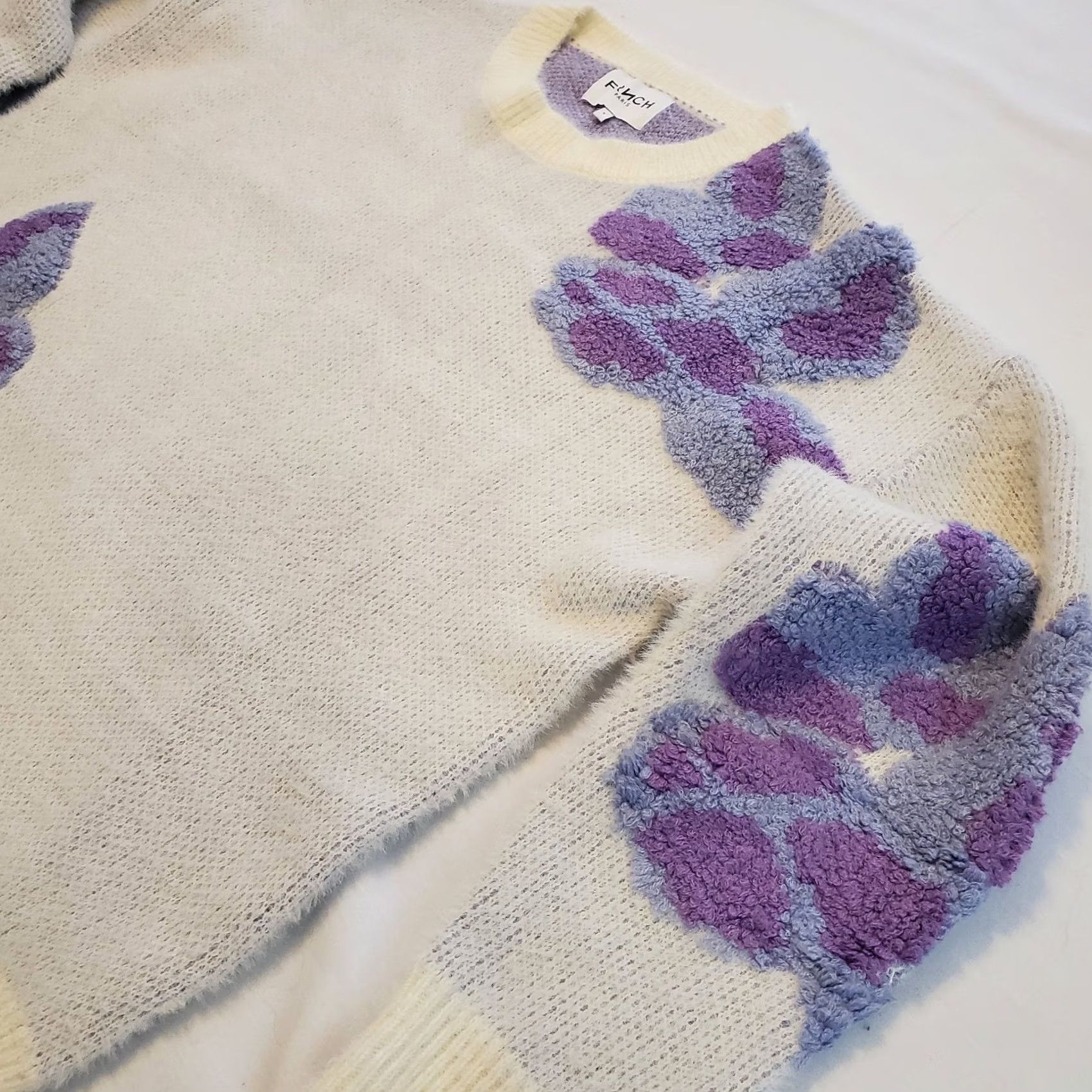Vintage FRNCH womens Floral Sweater White Purple Sz S Embroidered Applique Preppy Boho Size S / US 4 / IT 40 - 3 Thumbnail