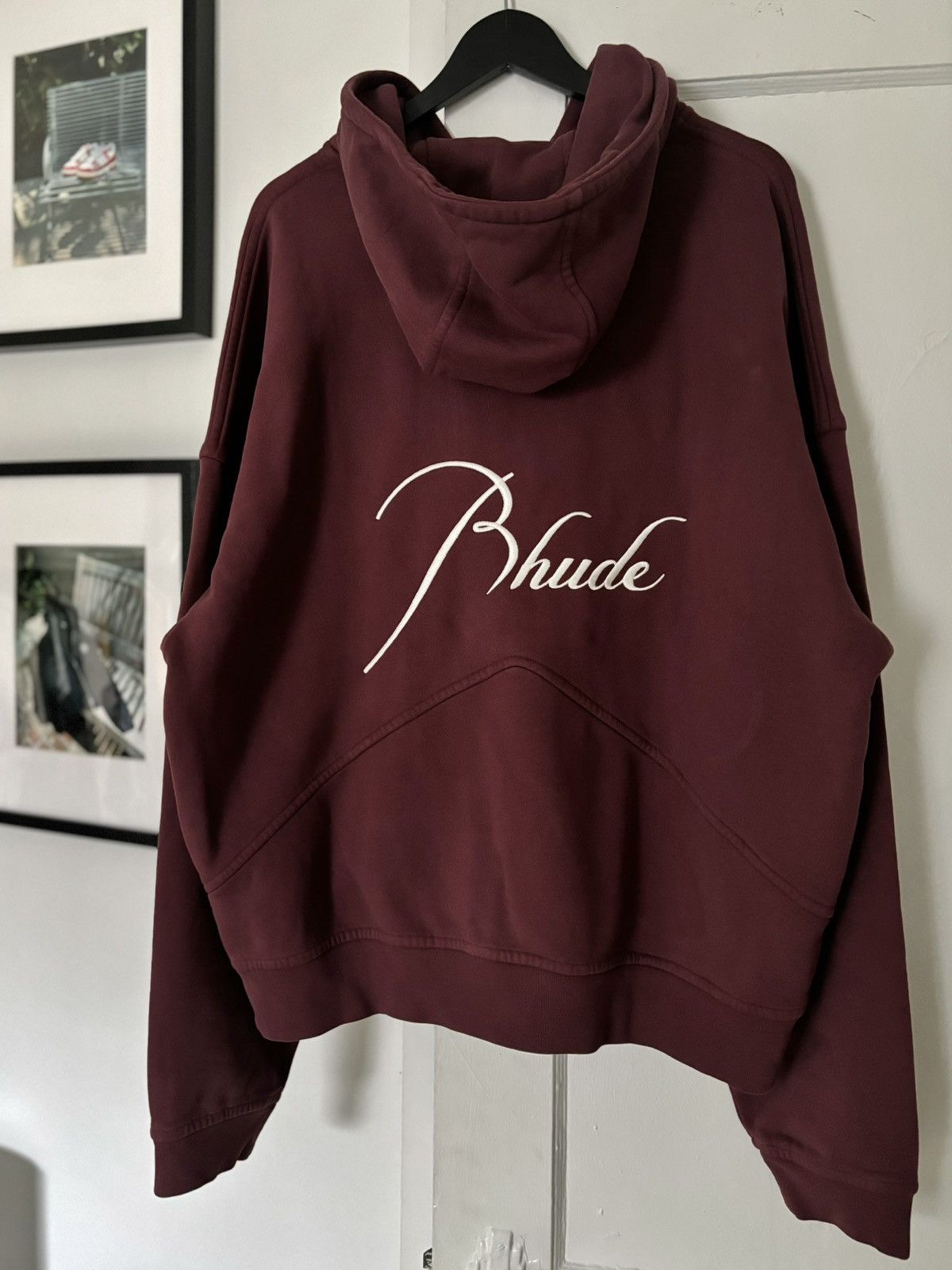 image of Rhude Script Embroidered Pill Hoodie in Burgandy, Men's (Size XL)